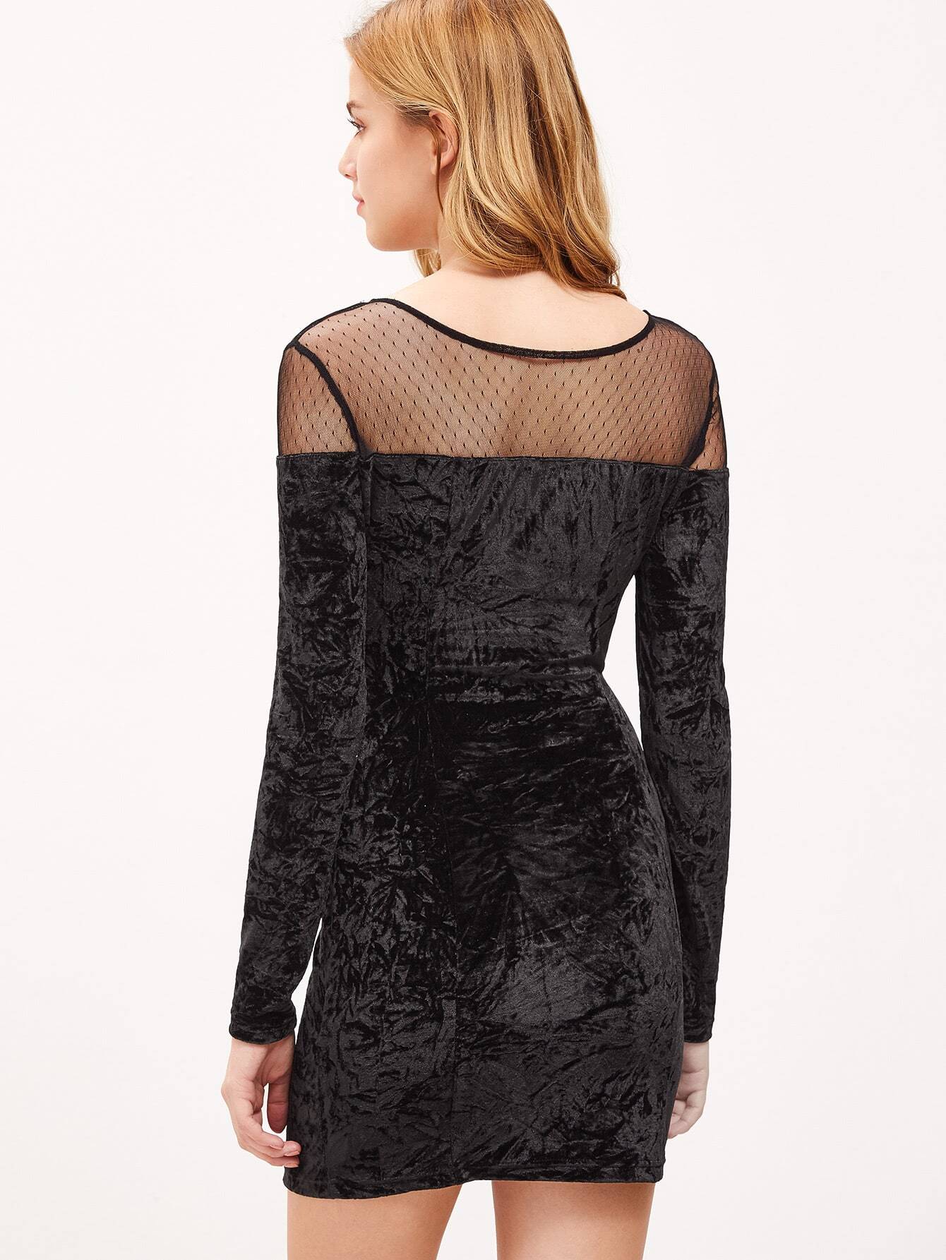 Robe moulant velours maillage pointillé sur l'épaule noir French