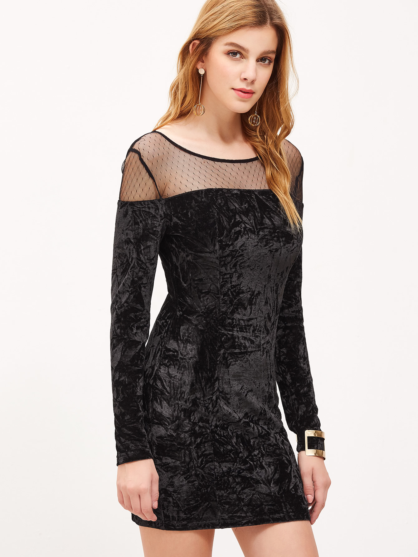 Robe moulant velours maillage pointillé sur l'épaule noir French