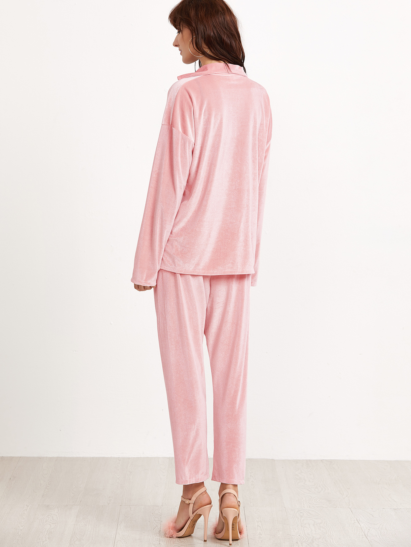 Pink Velvet Drop Shoulder Pajama Set SheIn(Sheinside)