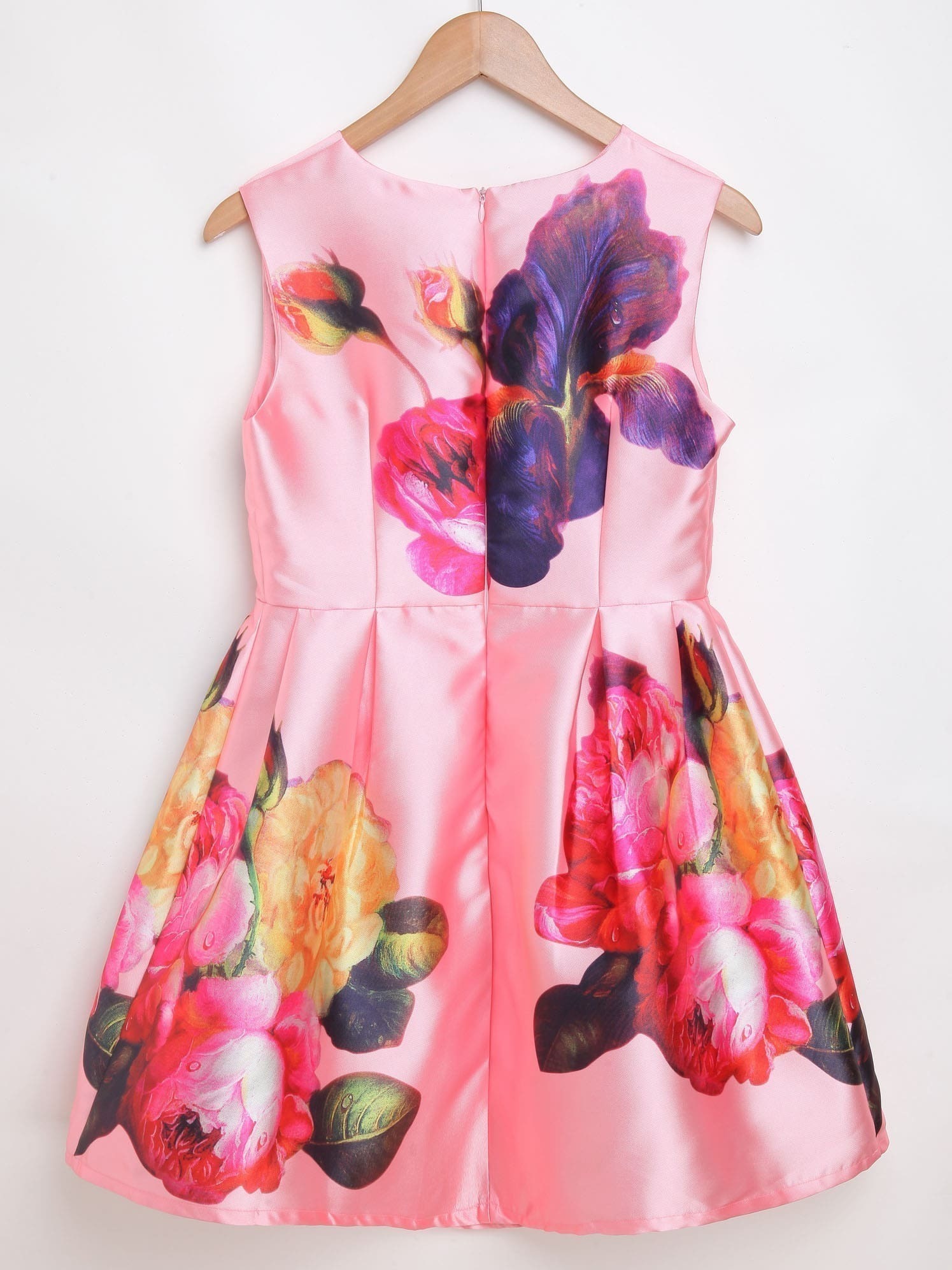 Pink Flower Print Zipper Back Sleeveless Dress SheIn(Sheinside)