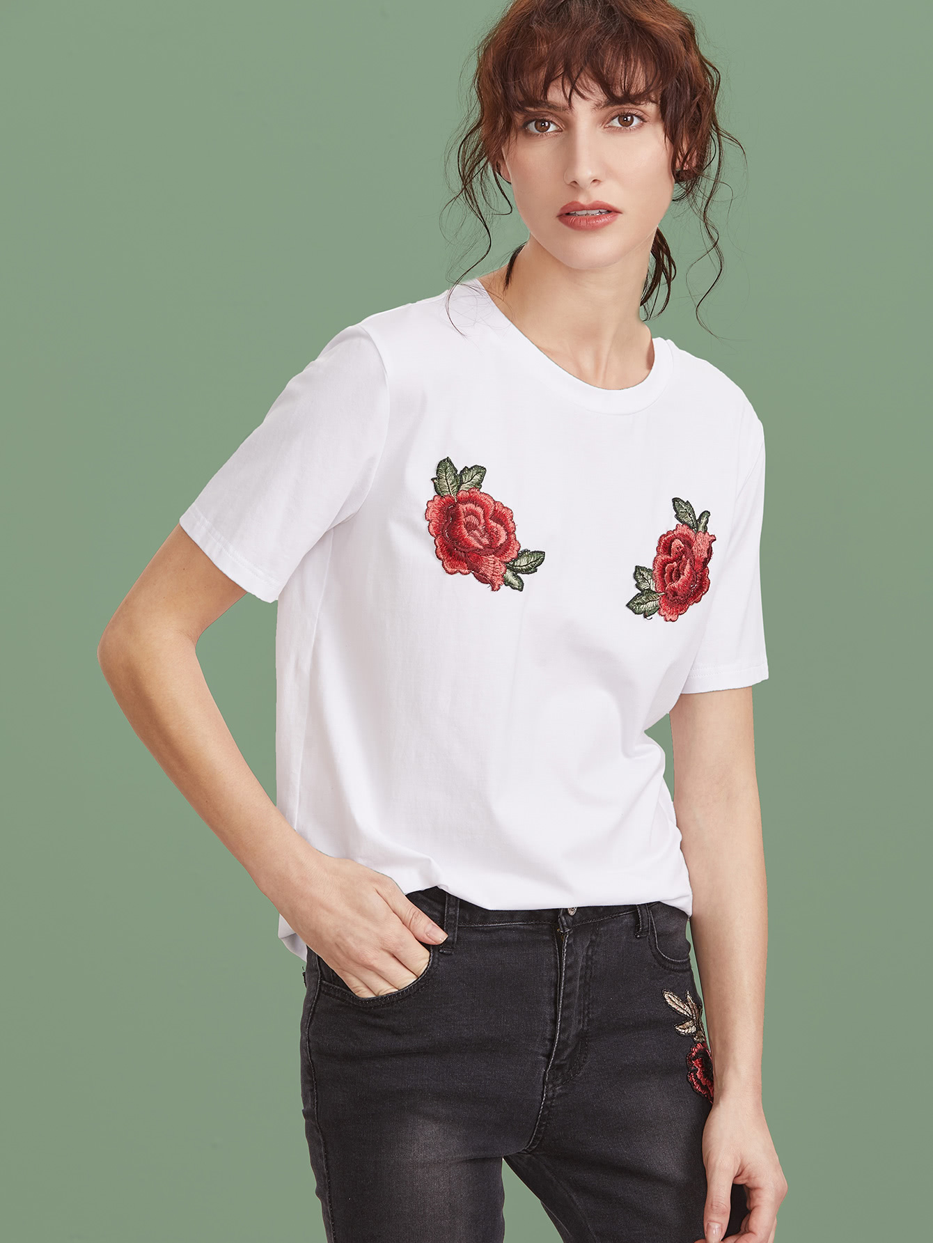 Embroidered Rose Applique Tshirt SheIn(Sheinside)