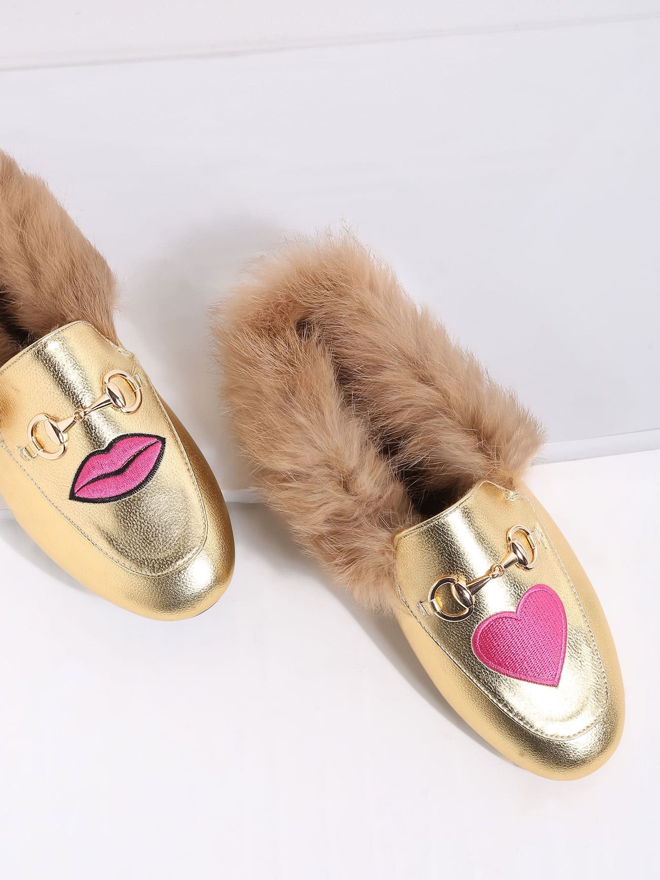 Gold Embroidered Fur Trim PU Loafer Slippers