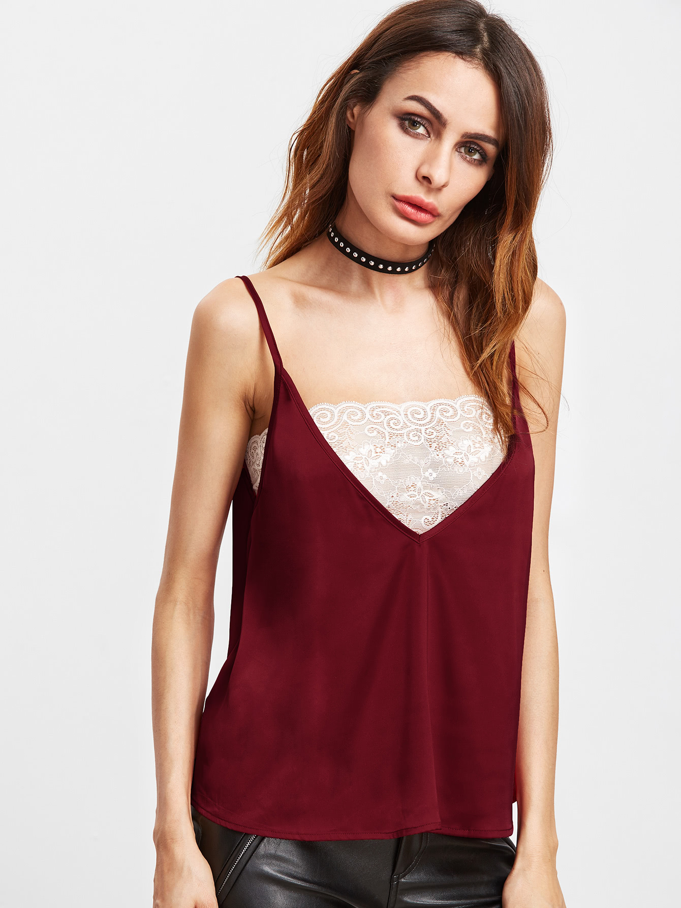 Silky Cami Top With Contrast Floral Lace Bandeau SheIn(Sheinside)
