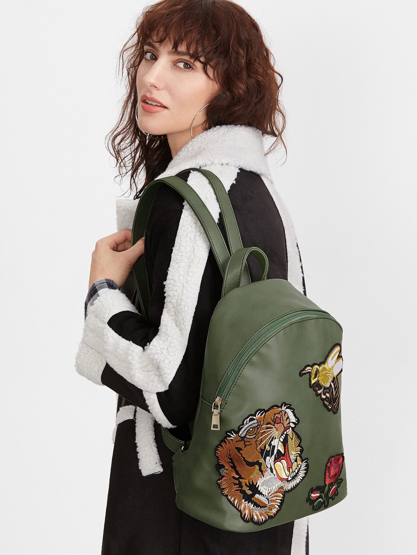Olive Green Animal Embroidered PU Backpack SheIn(Sheinside)