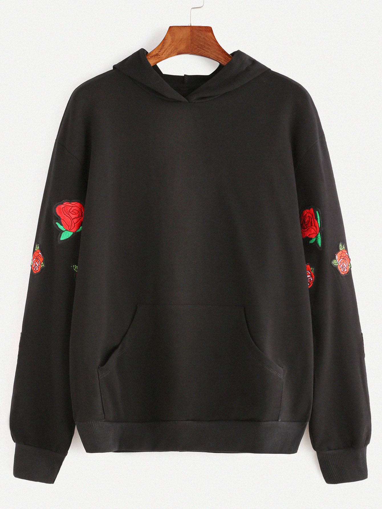 Black Pocket Front Rose Embroidered Hoodie SheIn(Sheinside)