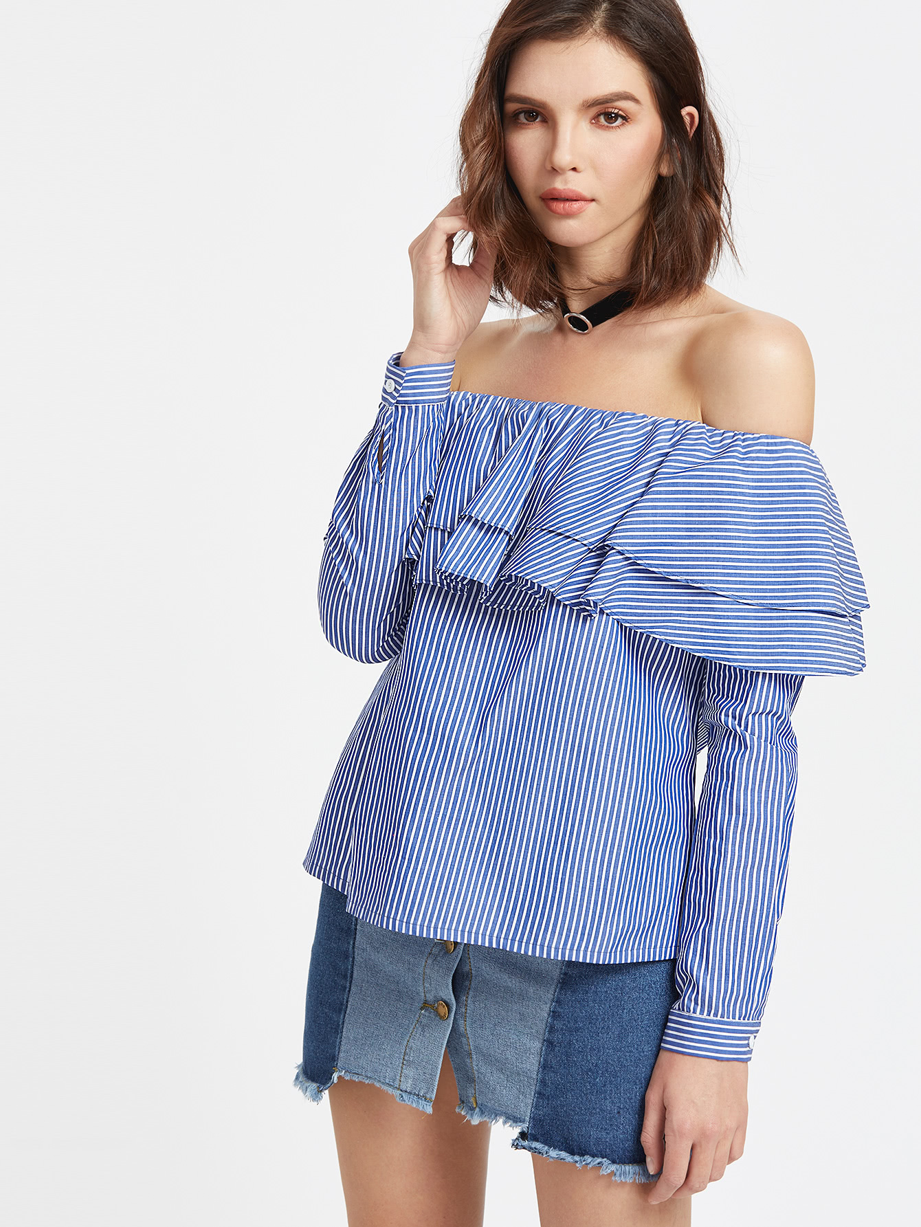 Blue Striped Layered Ruffle Off The Shoulder Top