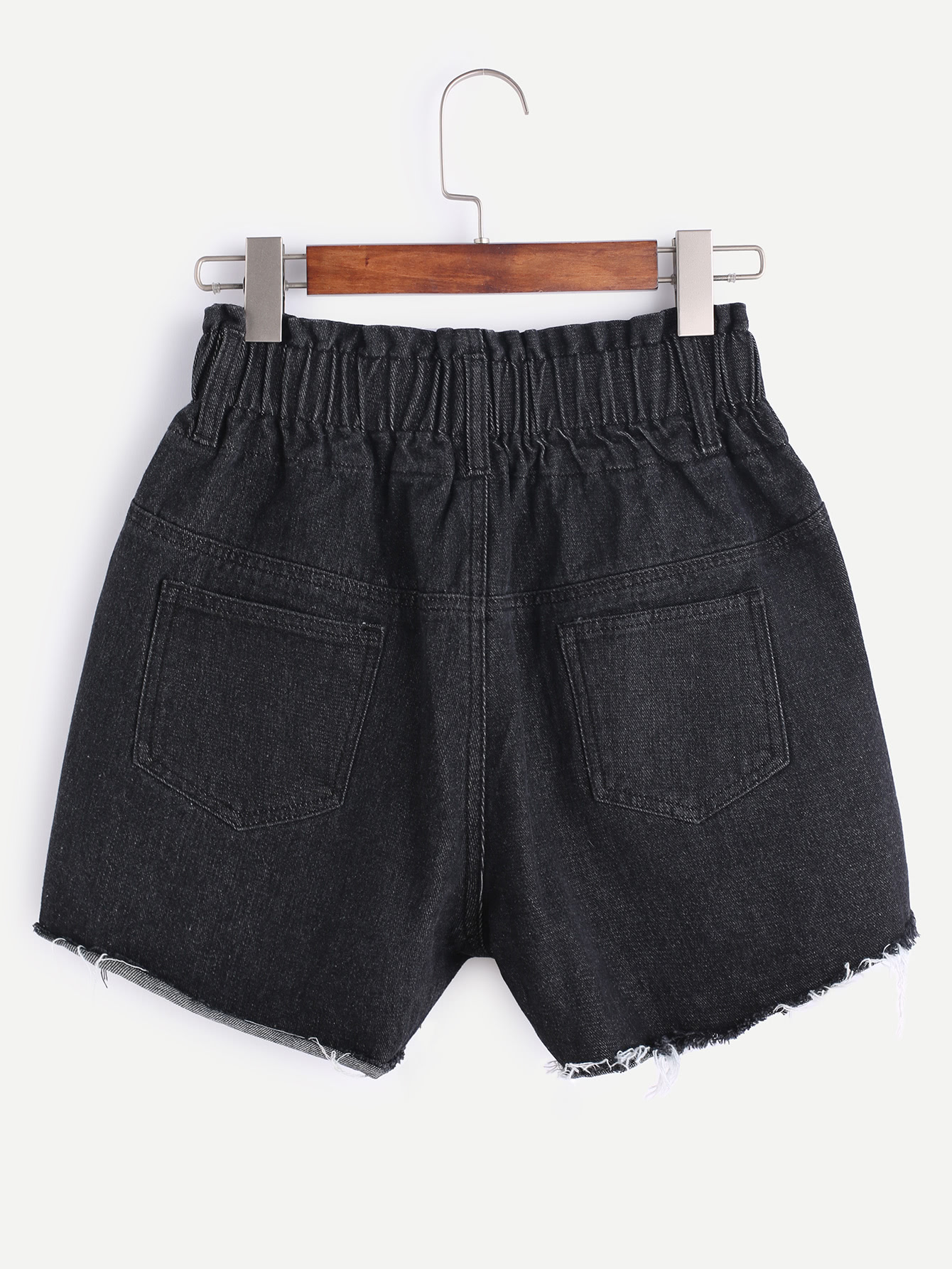 Buttoned Elastic Waist Raw Cut Denim Shorts SheIn(Sheinside)