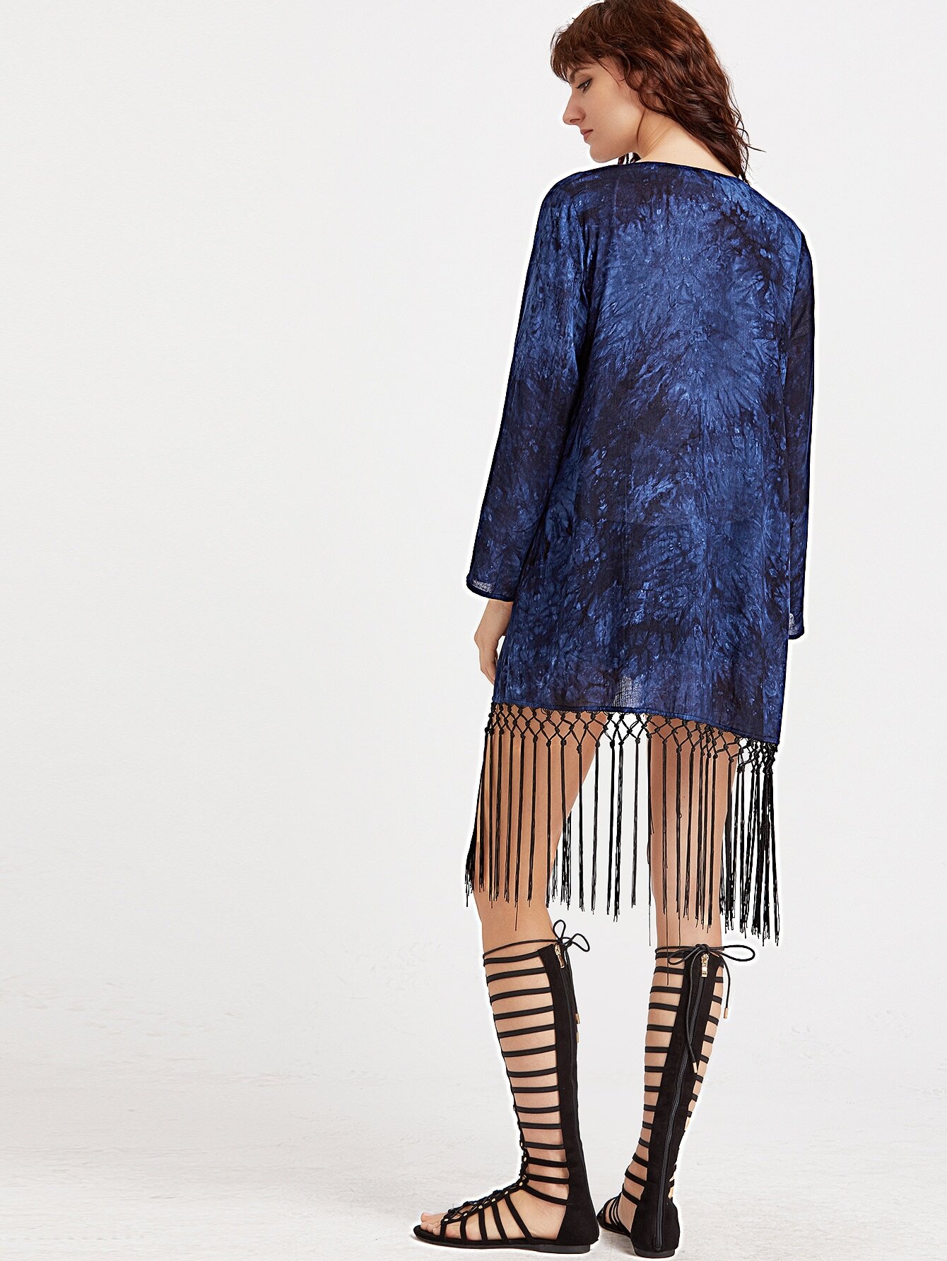 Tie Dye Print Knotted Fringe Trim Kimono SheIn(Sheinside)