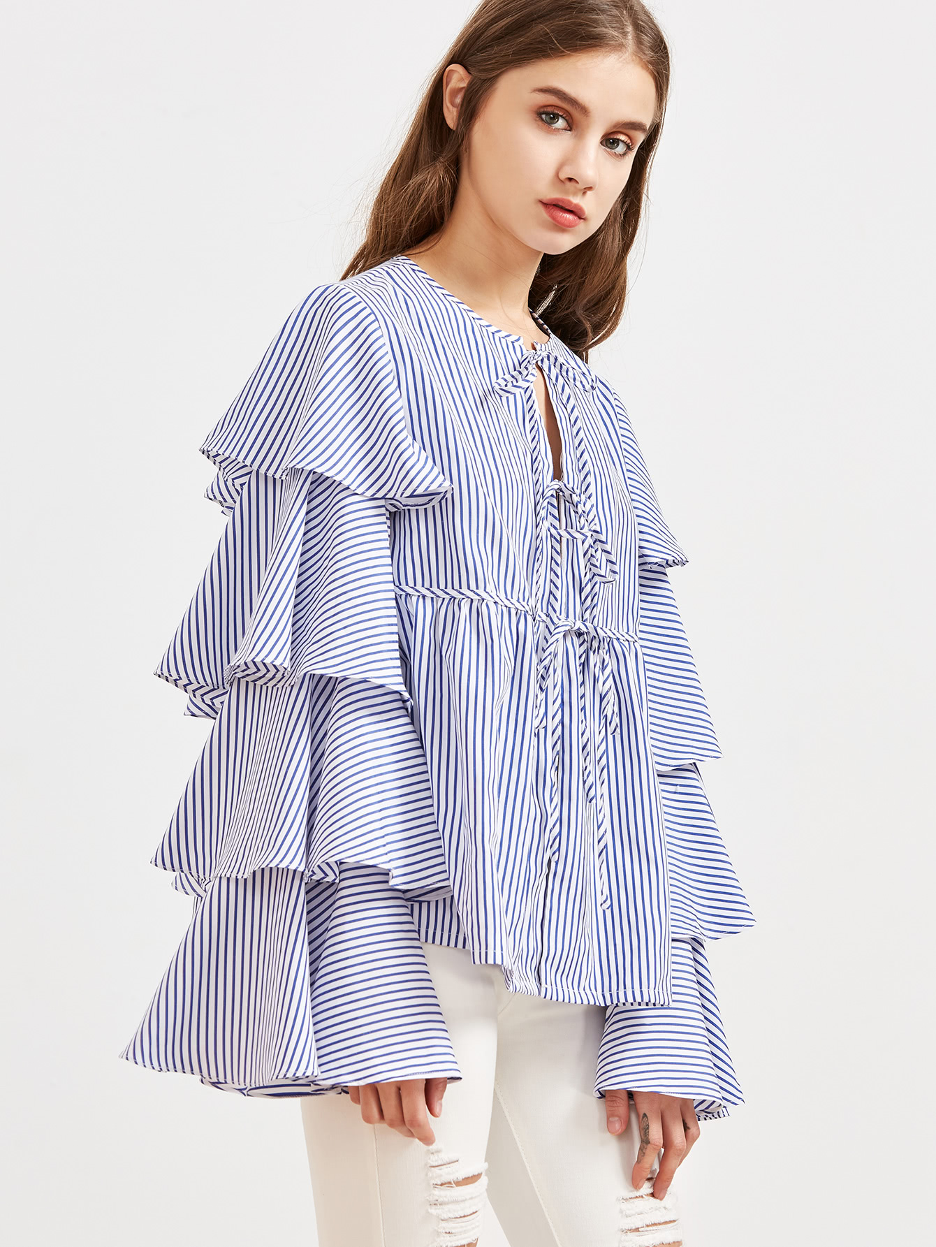 Blue Striped Tie Front Layered Ruffle Sleeve Babydoll Blouse SheIn