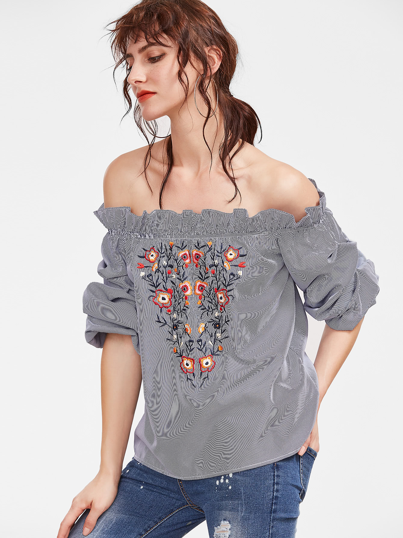 Navy Striped Flower Embroidered Off The Shoulder Top