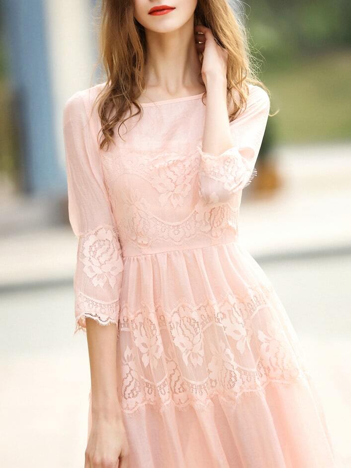 Apricot Crew Neck Sheer Lace Maxi Dress SheIn(Sheinside)