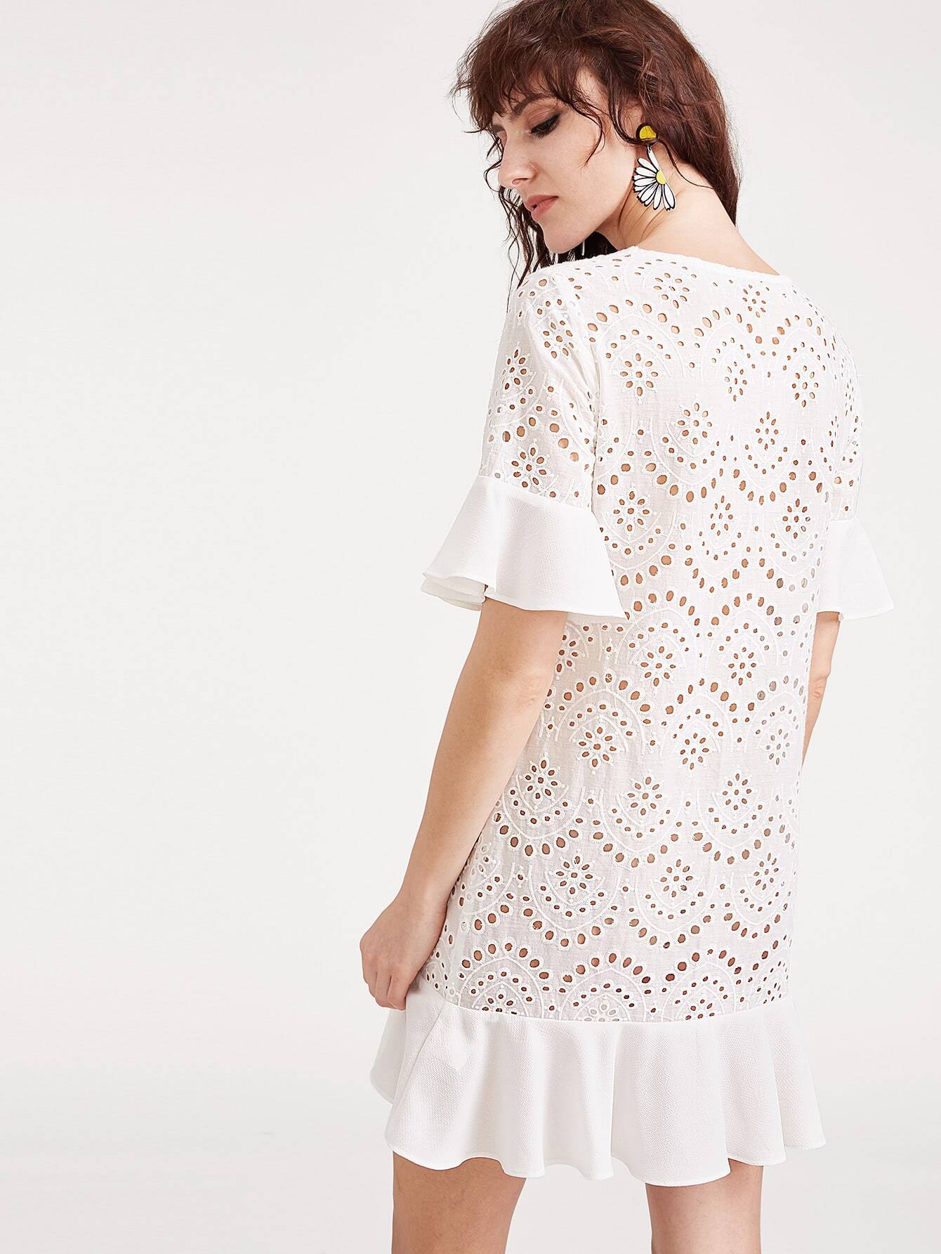 White Ruffle Cuff And Hem Eyelet Embroidered Dress SheIn(Sheinside)