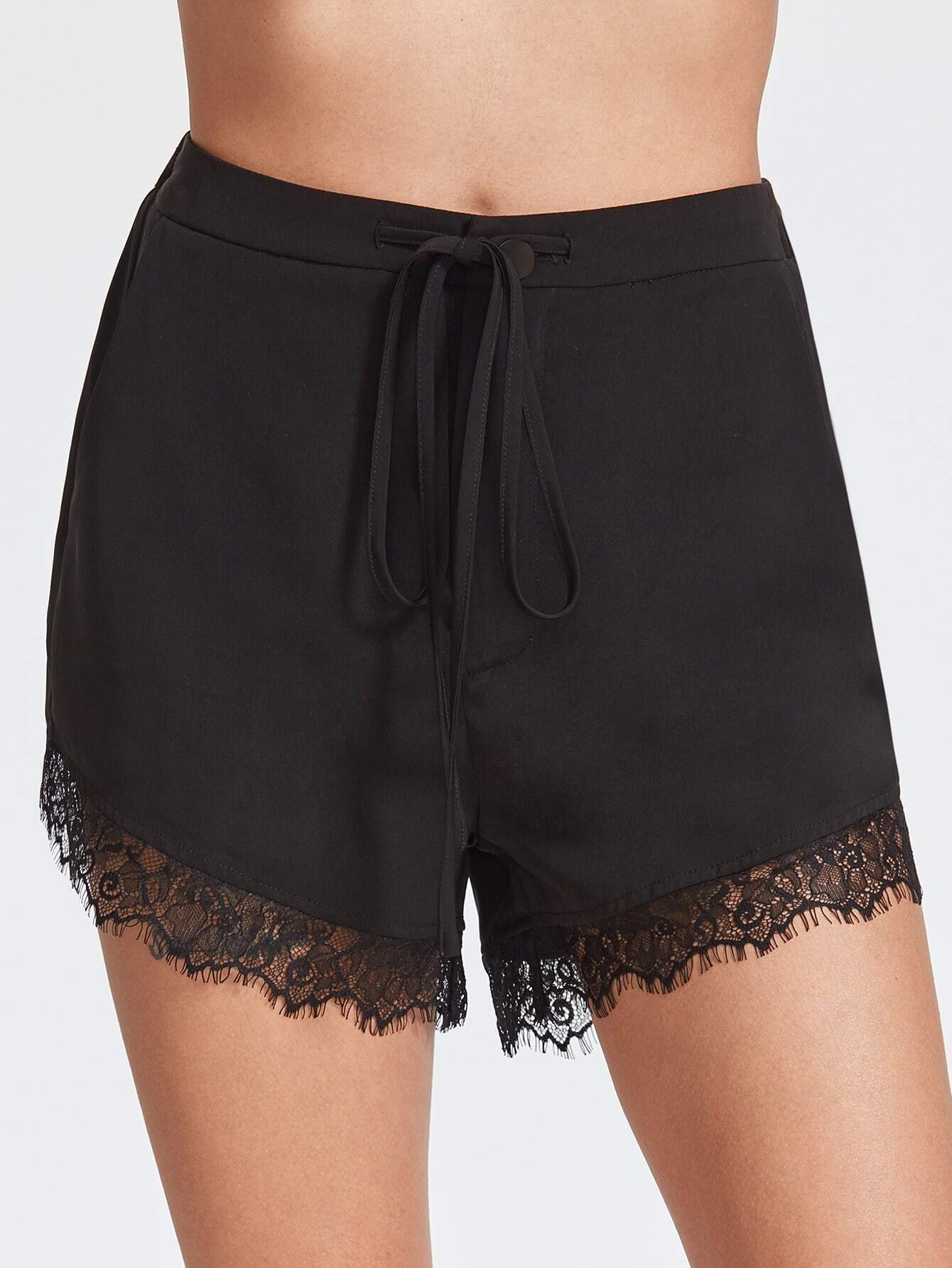 Lace Trim Drawstring Waist Shorts SheIn(Sheinside)