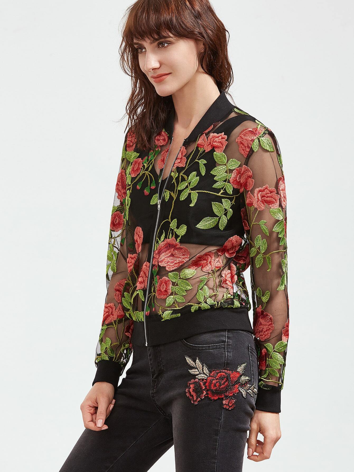 Multicolor Rose Embroidered Zip Up Organza Bomber Jacket SheIn(Sheinside)