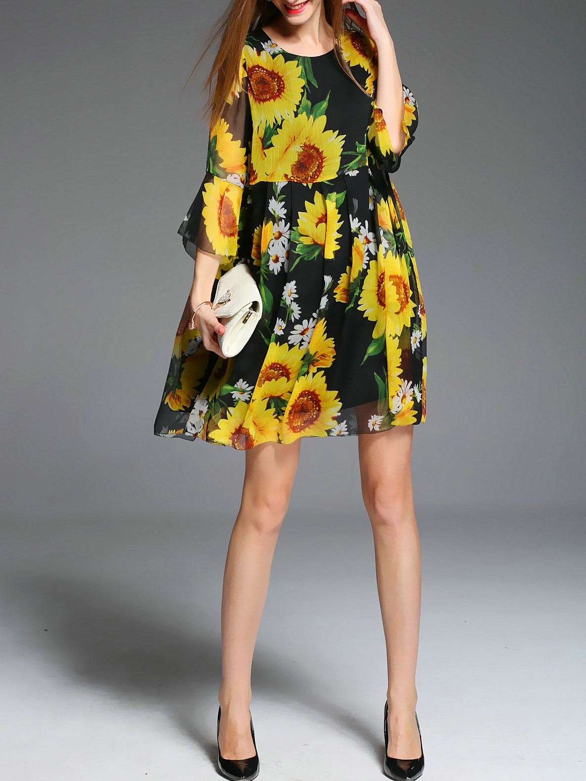 Black Sunflowers Print ALine Dress SheIn(Sheinside)