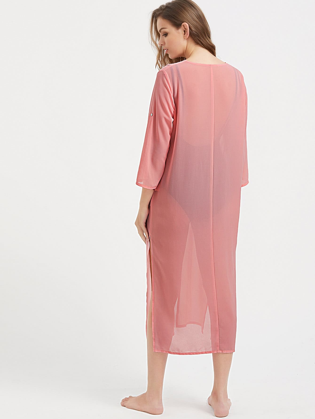 Tassel Tie Front Roll Sleeve Slit Kimono SheIn(Sheinside)