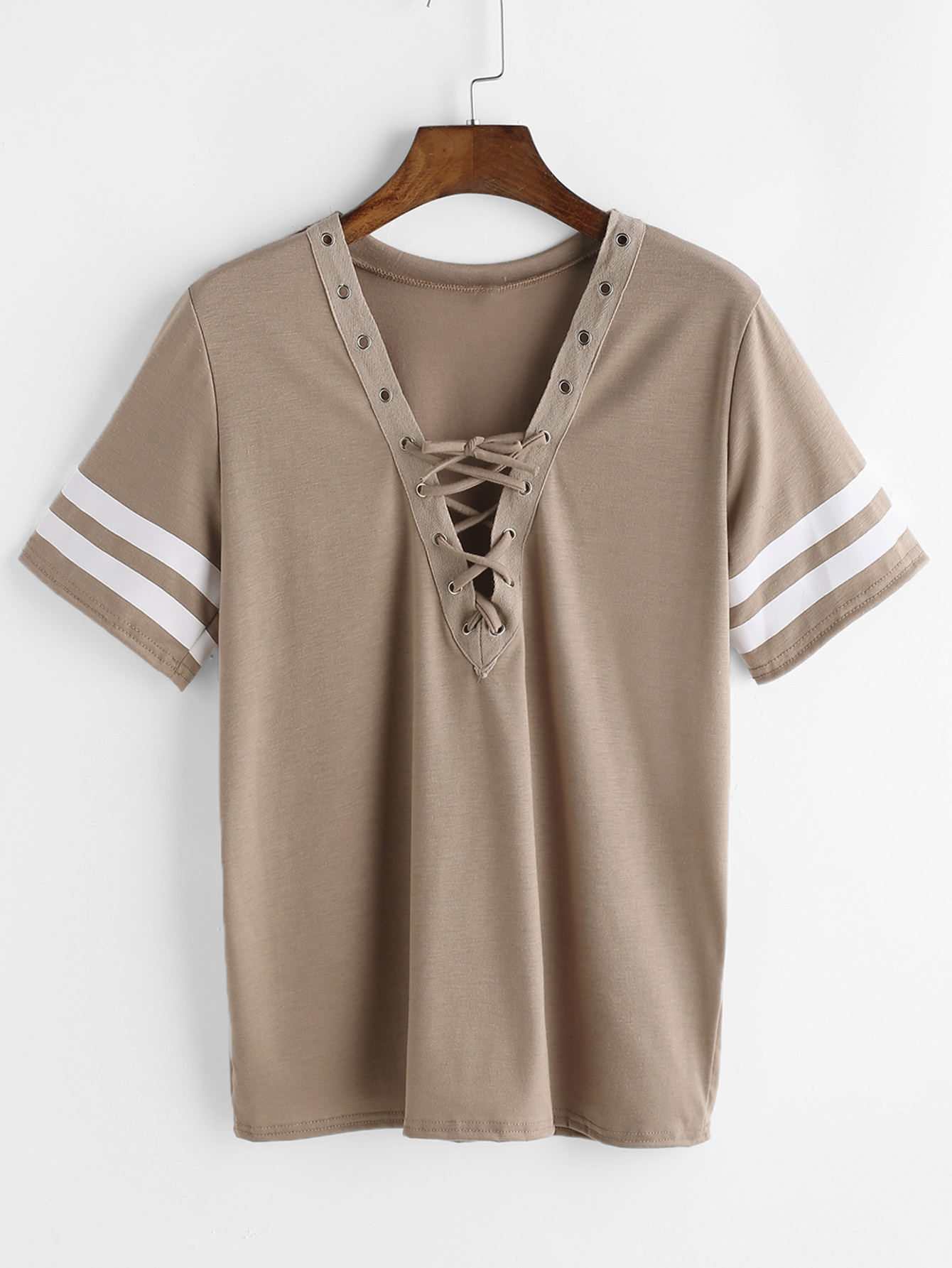 Khaki V Neck Lace Up Varsity Striped Tshirt SheIn(Sheinside)