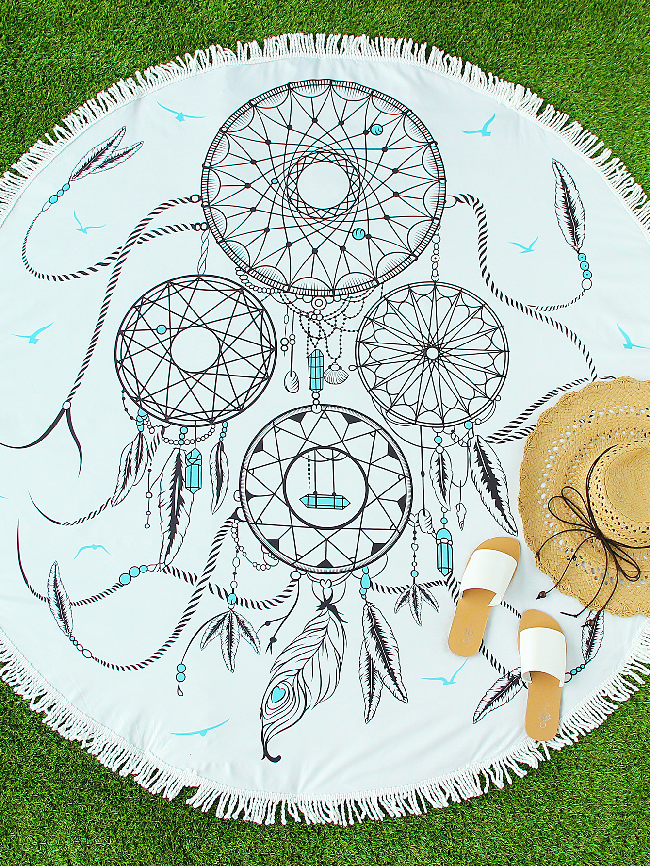 White Feather Print Fringe Round Beach Blanket SheIn(Sheinside)