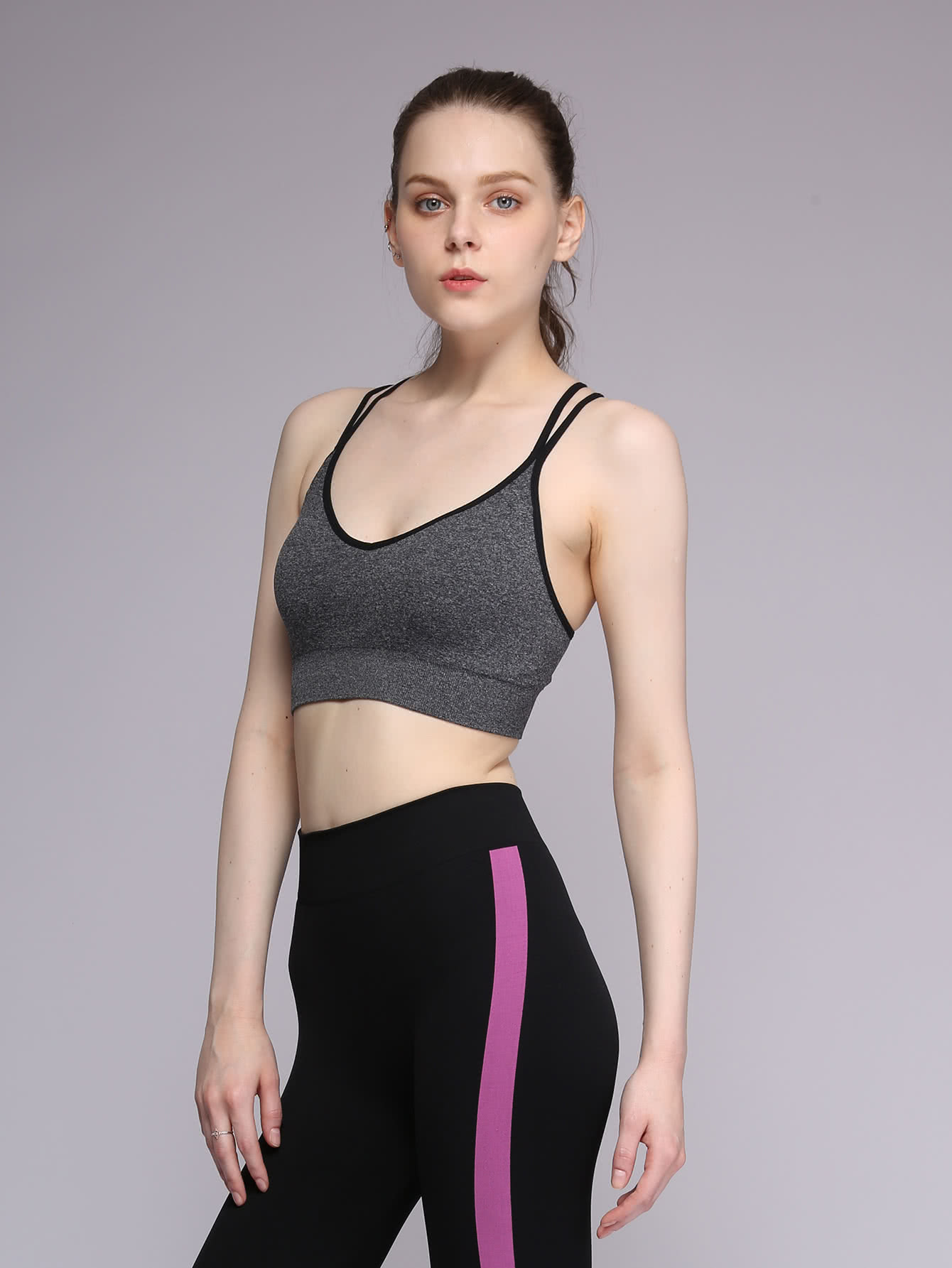 Contrast Binding Double Strap Marled Sports Bra SheIn(Sheinside)