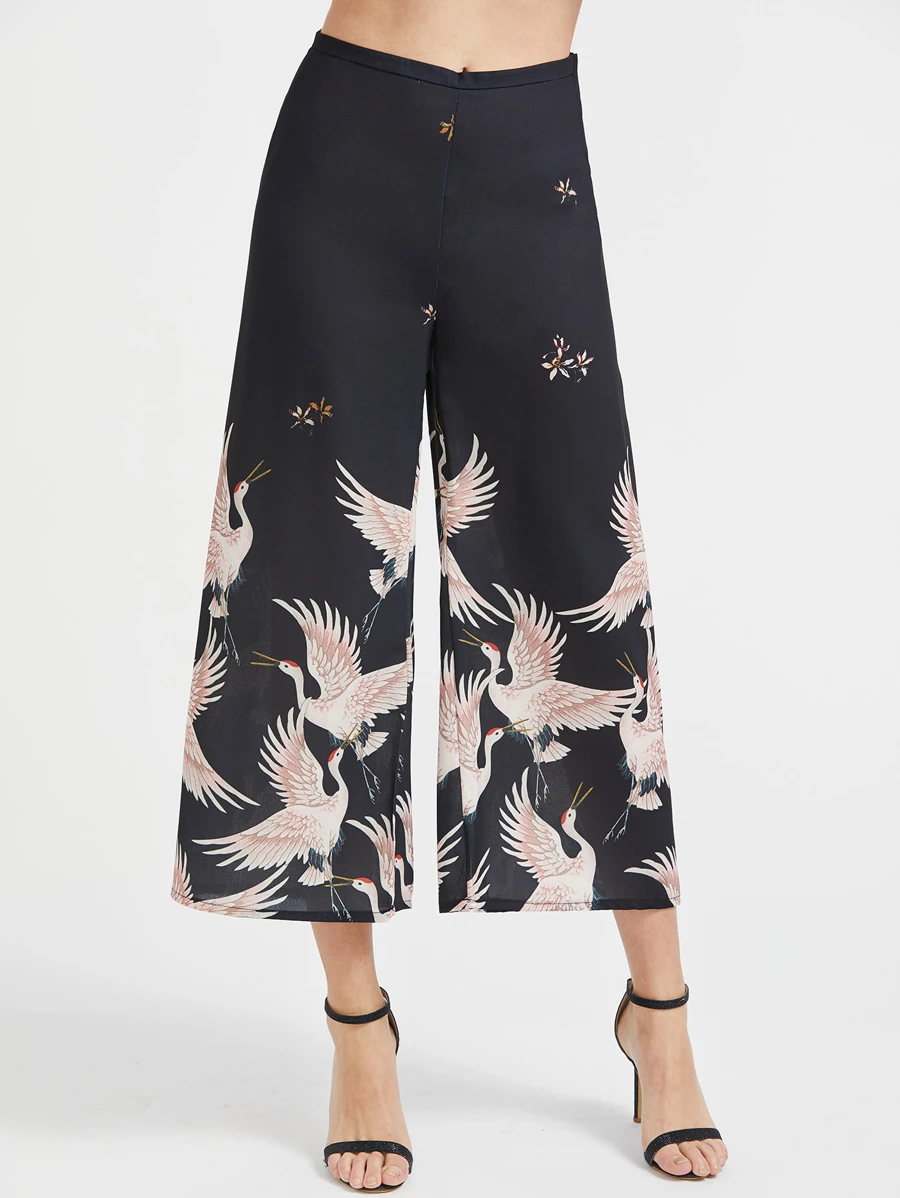 Pantaloni con fondo ampio con stampa di crane, nero