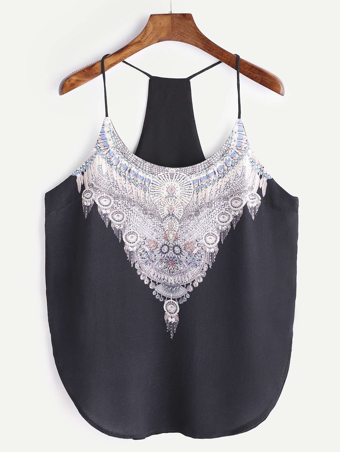 Black Tribal Print Rhinestone Curved Hem Halter Top SheIn(Sheinside)