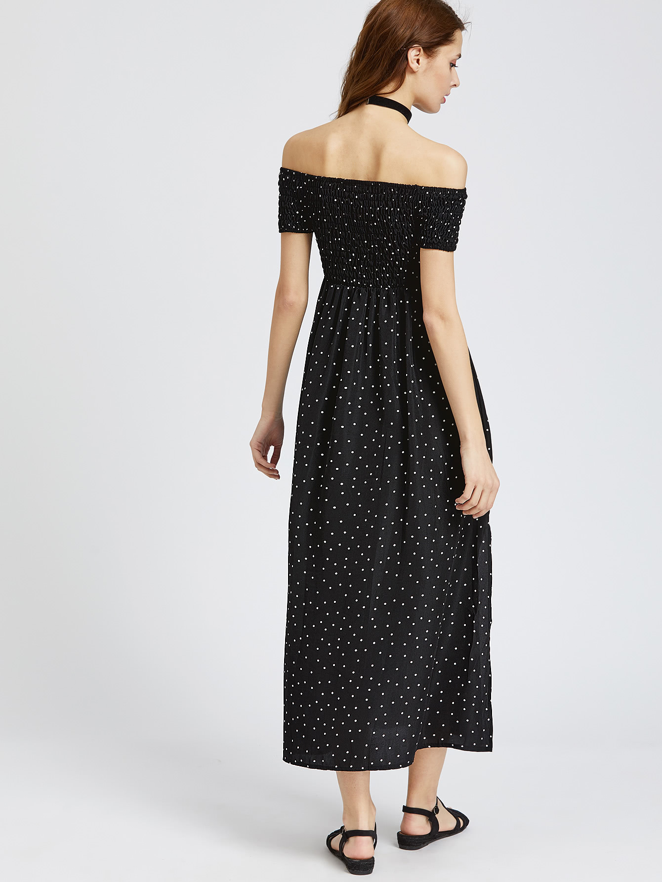 black and white polka dot off the shoulder dress