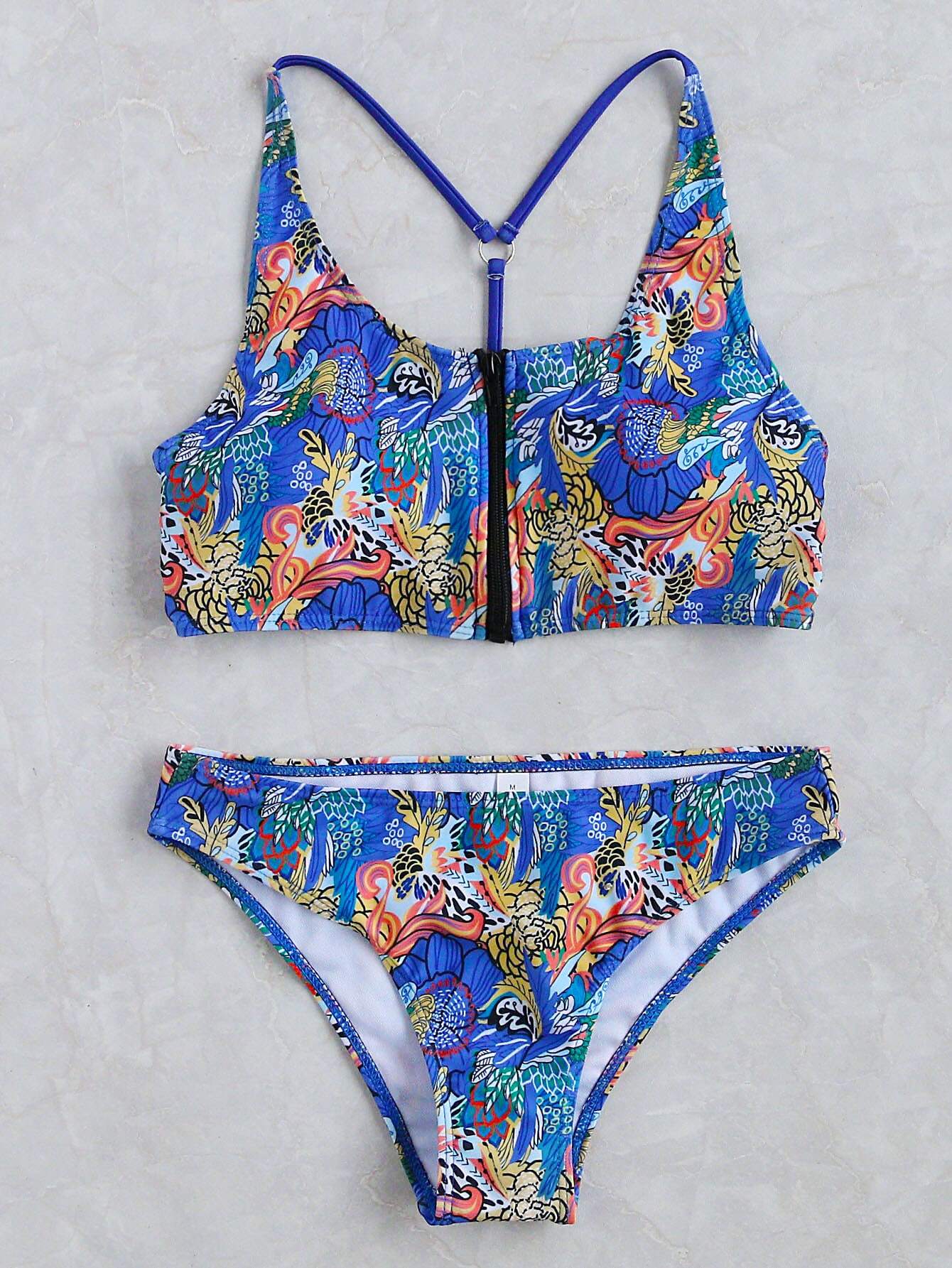 Blue Floral Print Front Zipper Bikini Set SheIn(Sheinside)