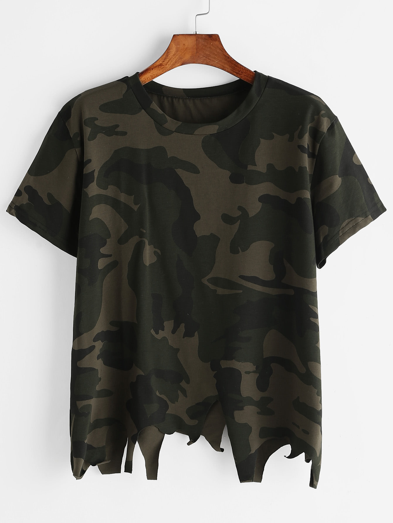 Camo Print Asymmetric Raw Hem T-shirt