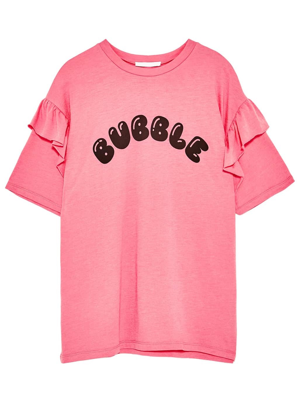 Pink Letter Print Ruffle Trim T-shirt