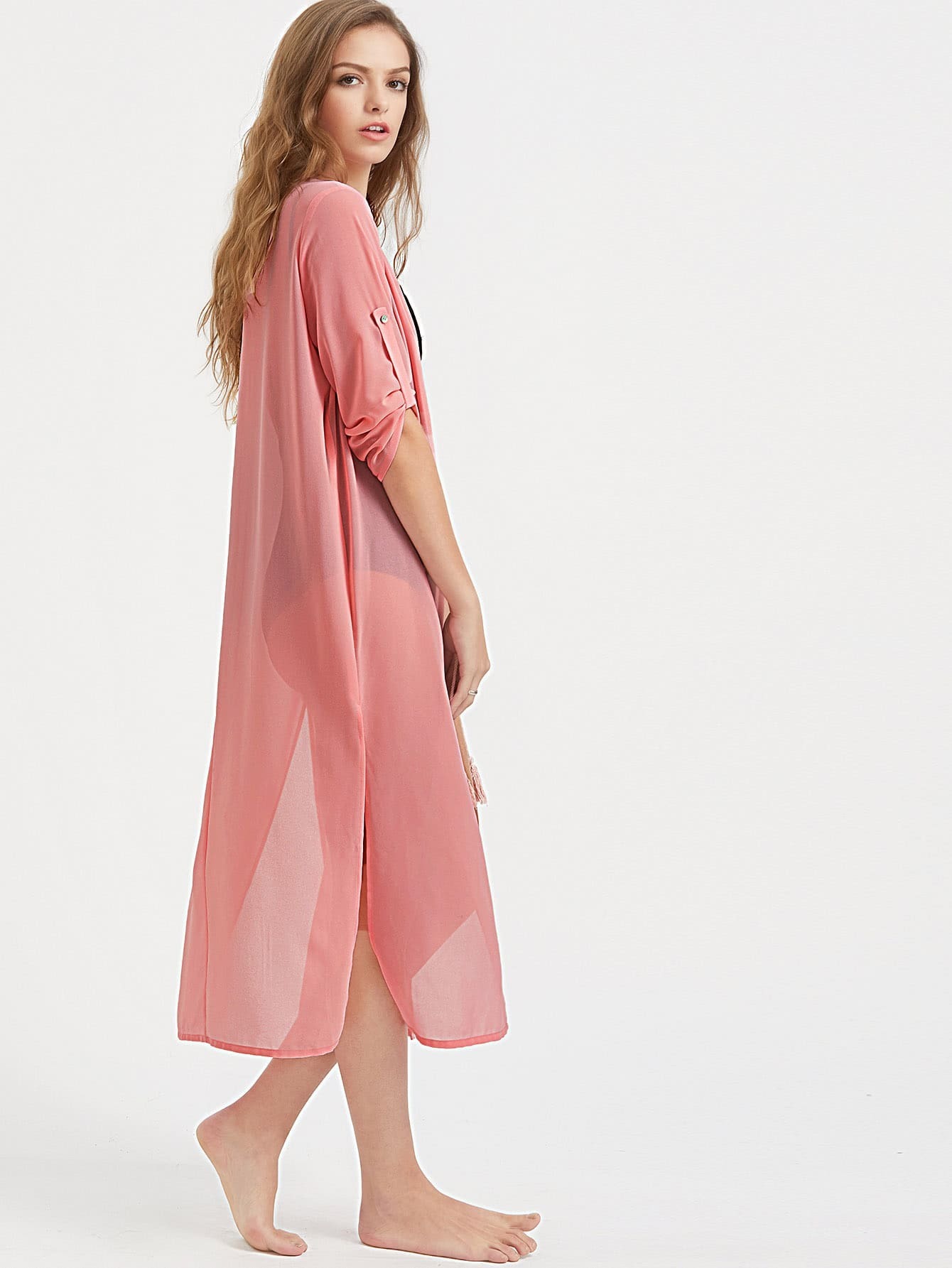 Tassel Tie Front Roll Sleeve Slit Kimono SheIn(Sheinside)