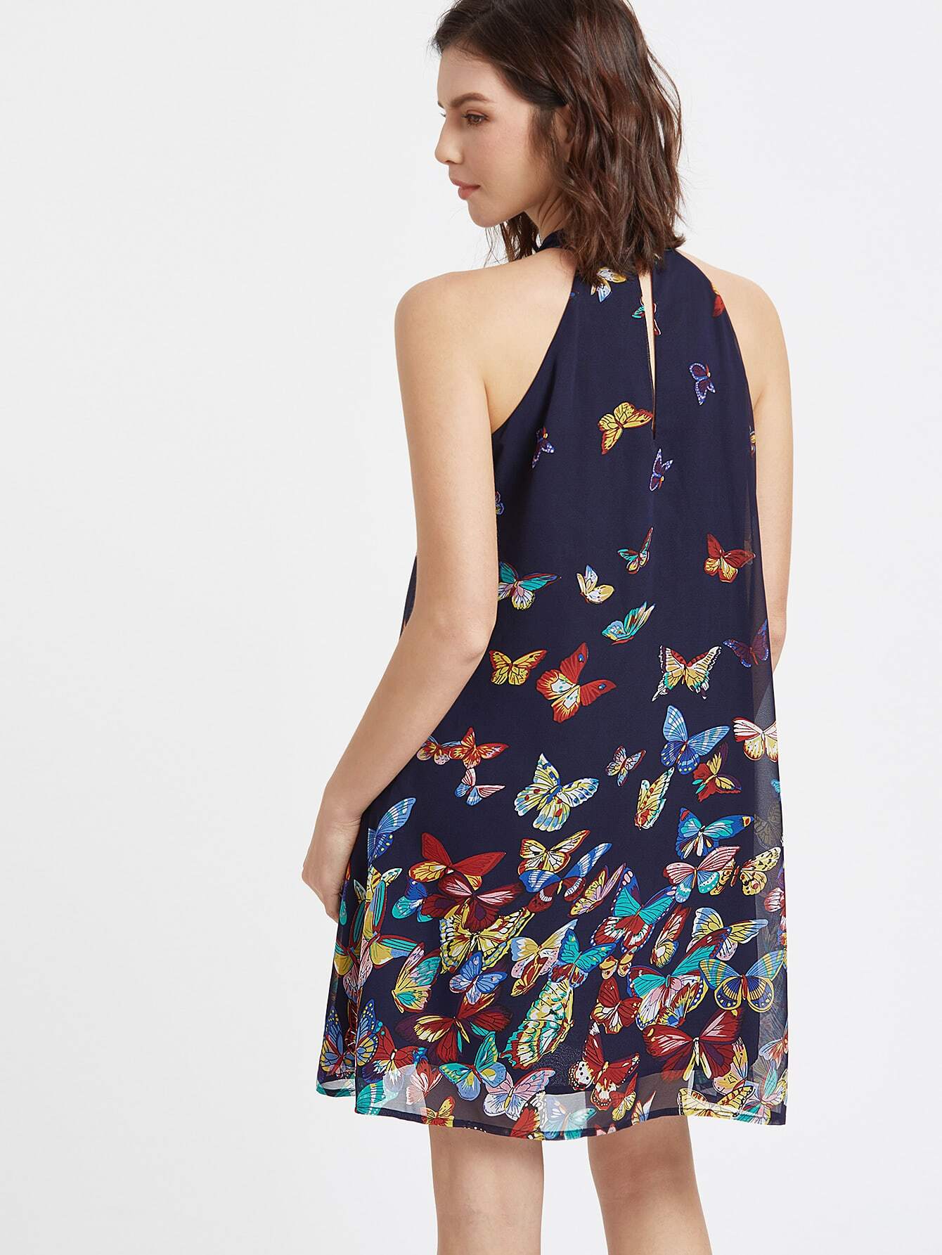 Butterfly Print Keyhole Halter Neck Dress SheIn(Sheinside)
