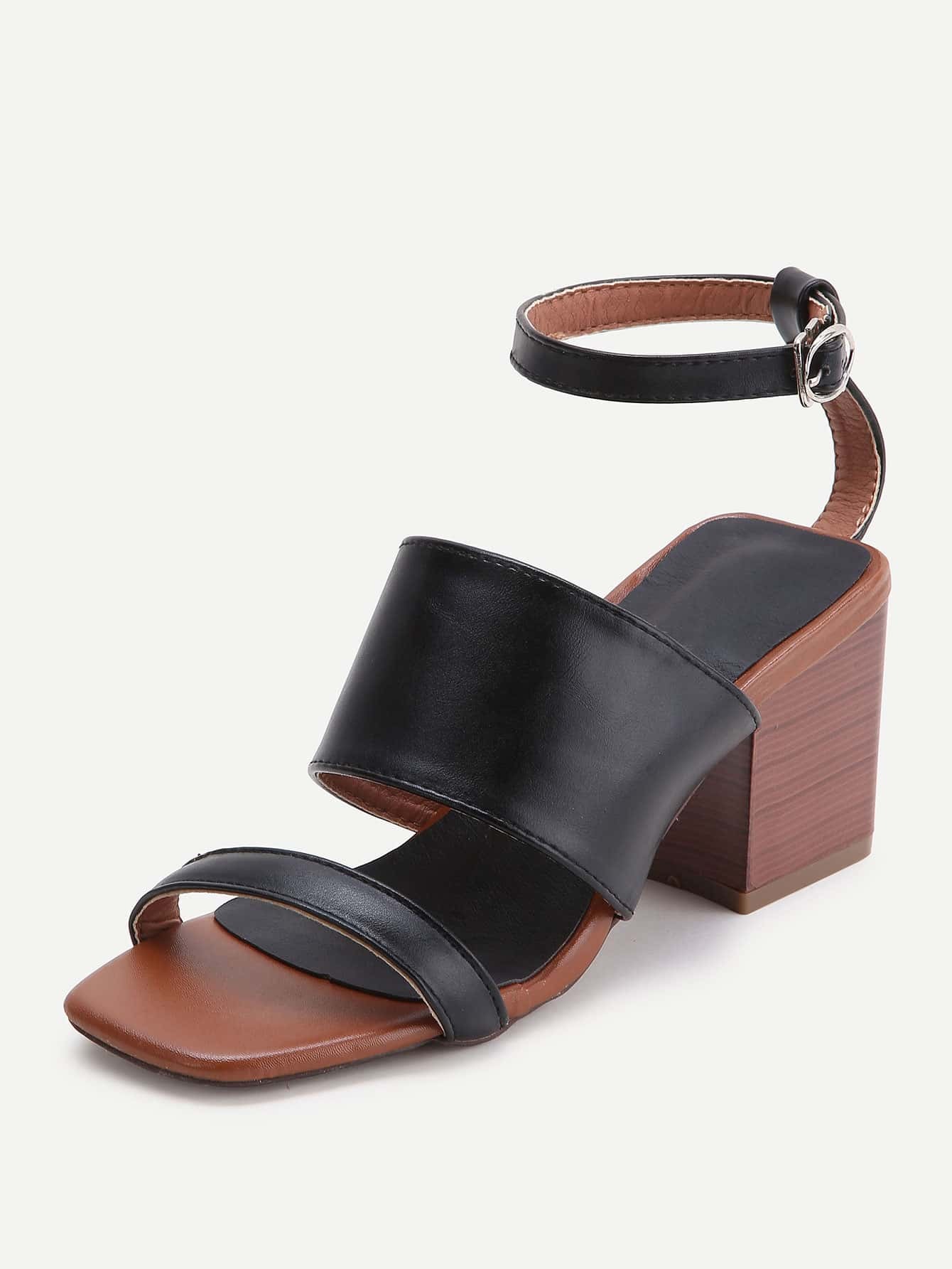 Black Ankle Strap Block Heeled Sandals SheIn(Sheinside)