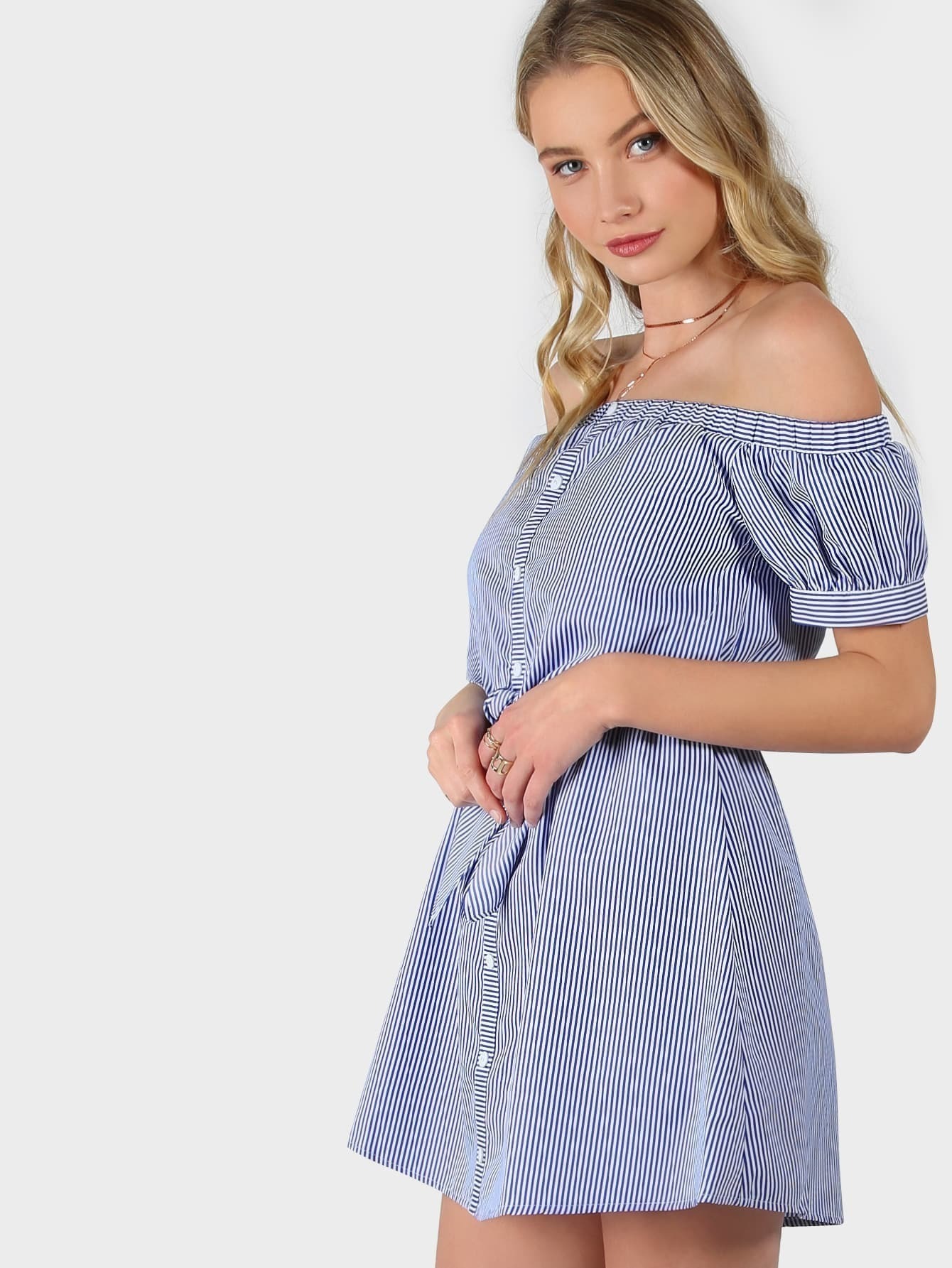 Striped Bardot Button Up Dress BLUE MULTI SheIn(Sheinside)