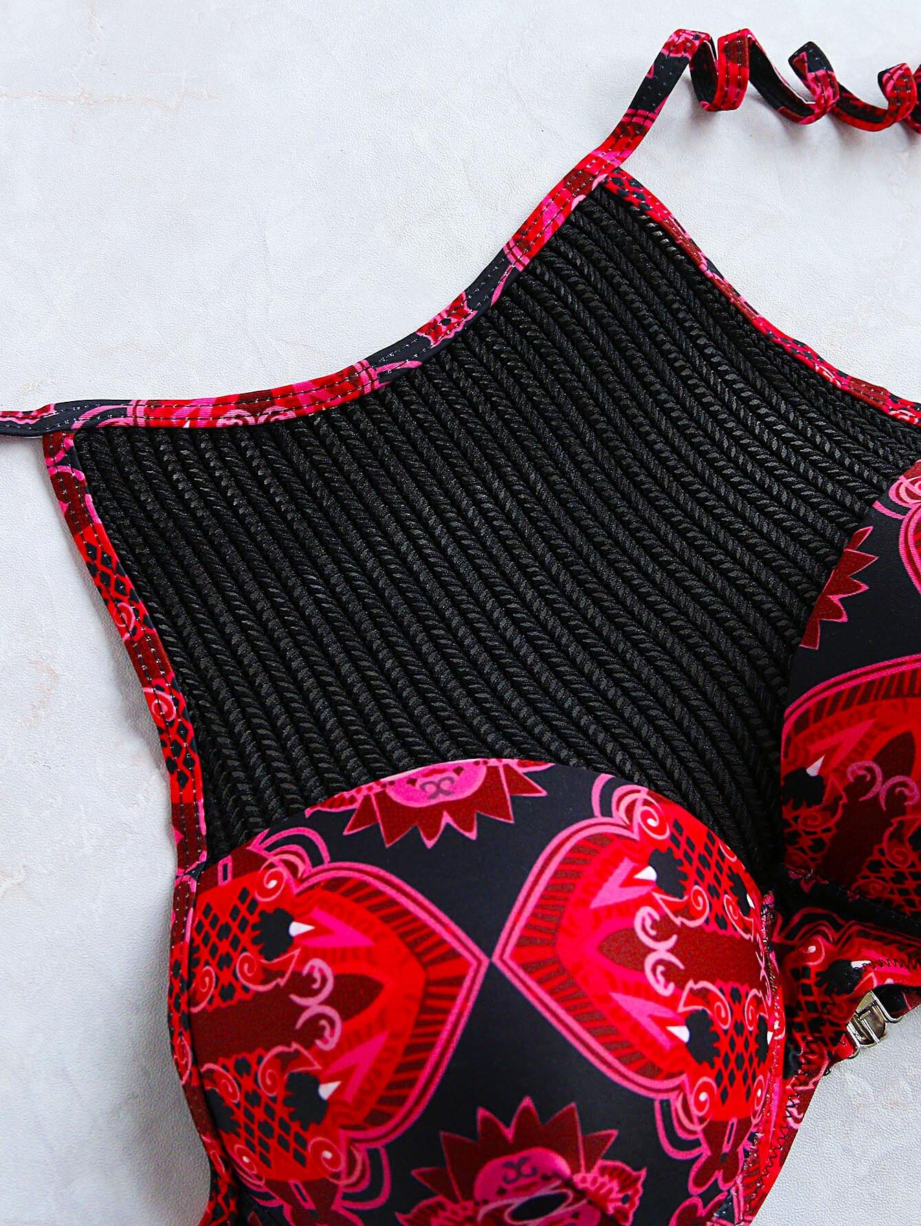 Set bikini con estampado y malla en contraste rojoSpanish SheIn