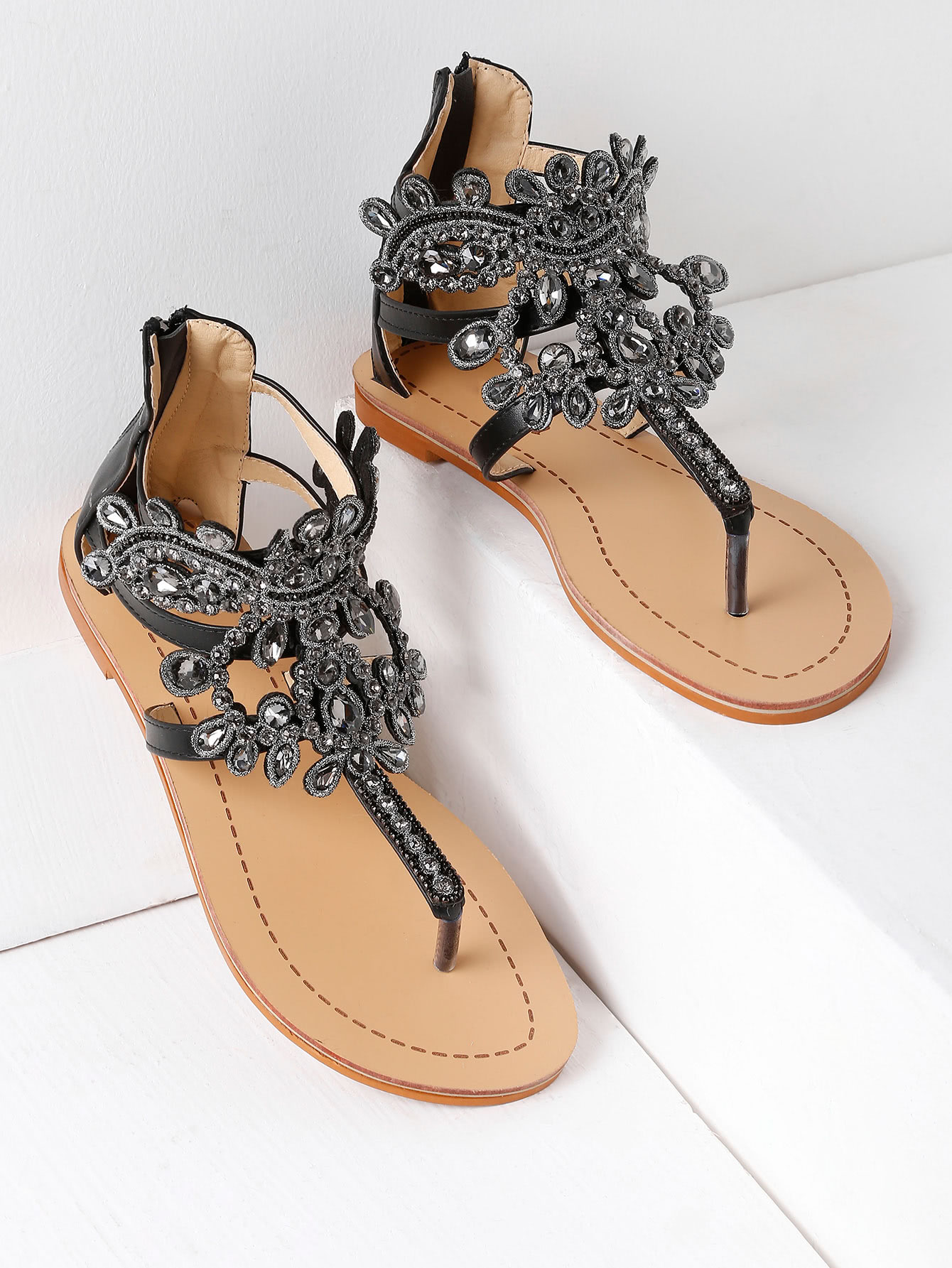 Rhinestone Design Toe Post Flat Sandals SheIn(Sheinside)