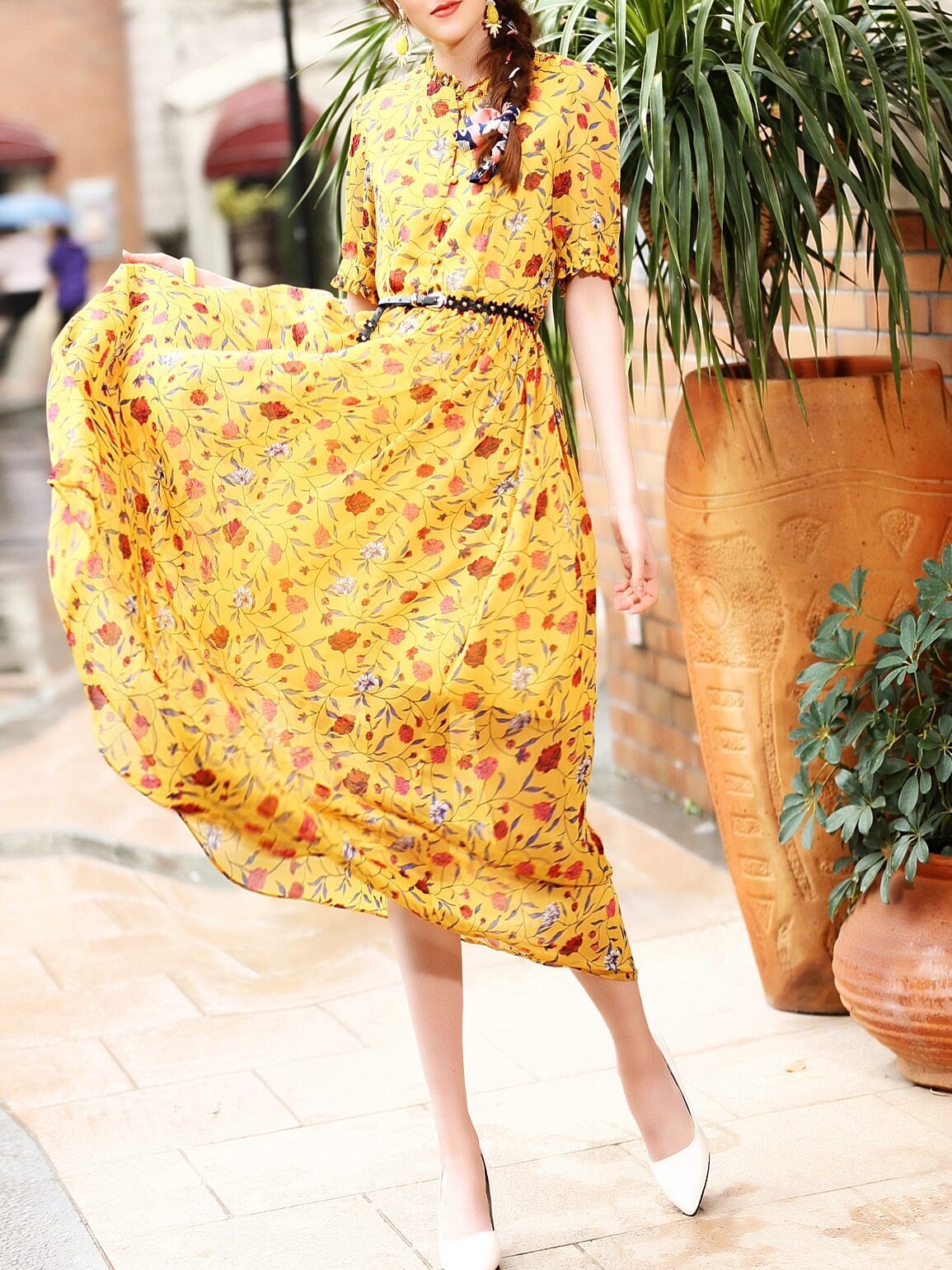 Yellow Belted Floral Maxi Dress SheIn(Sheinside)