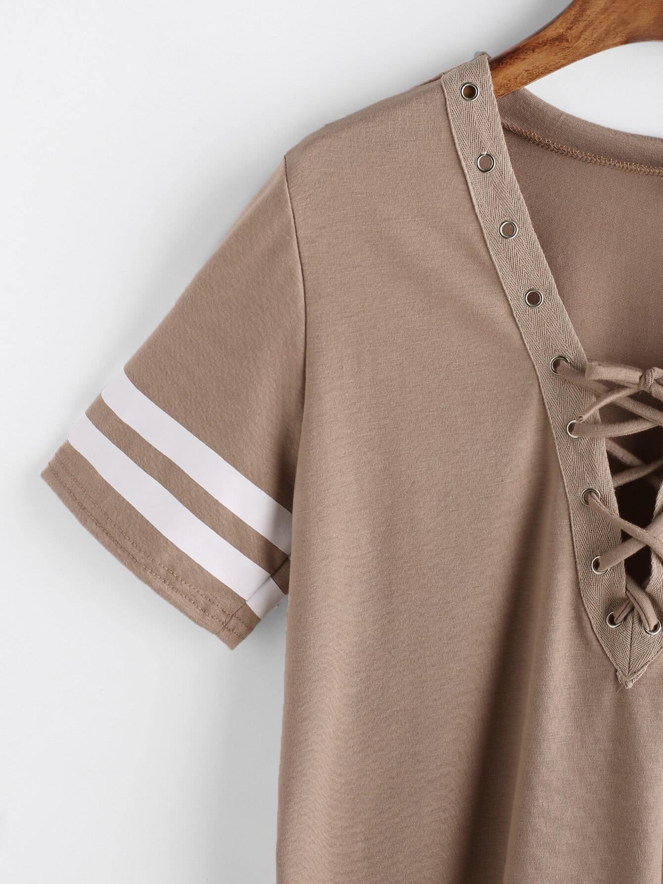 Khaki V Neck Lace Up Varsity Striped Tshirt SheIn(Sheinside)
