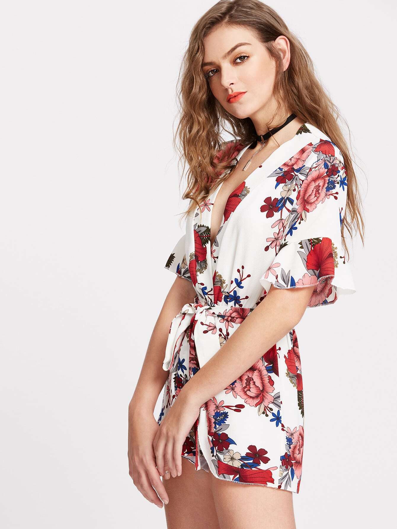 White Floral Print Deep V Neck Romper With Self Tie SheIn(Sheinside)