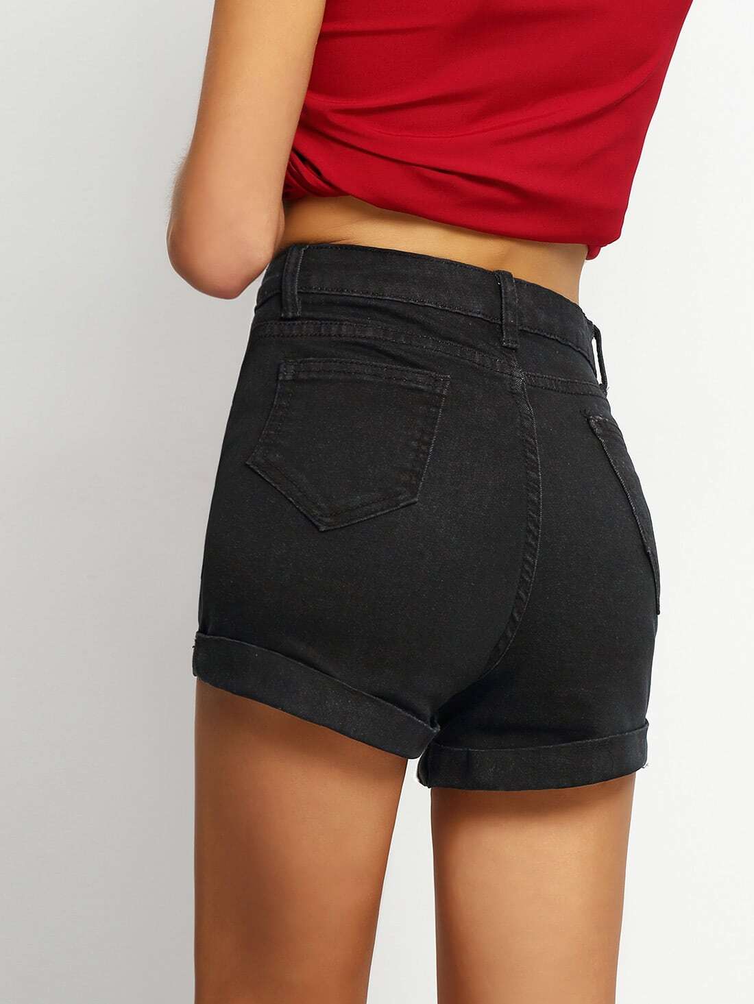Pockets Rolled Hem Denim Shorts -SheIn(Sheinside)
