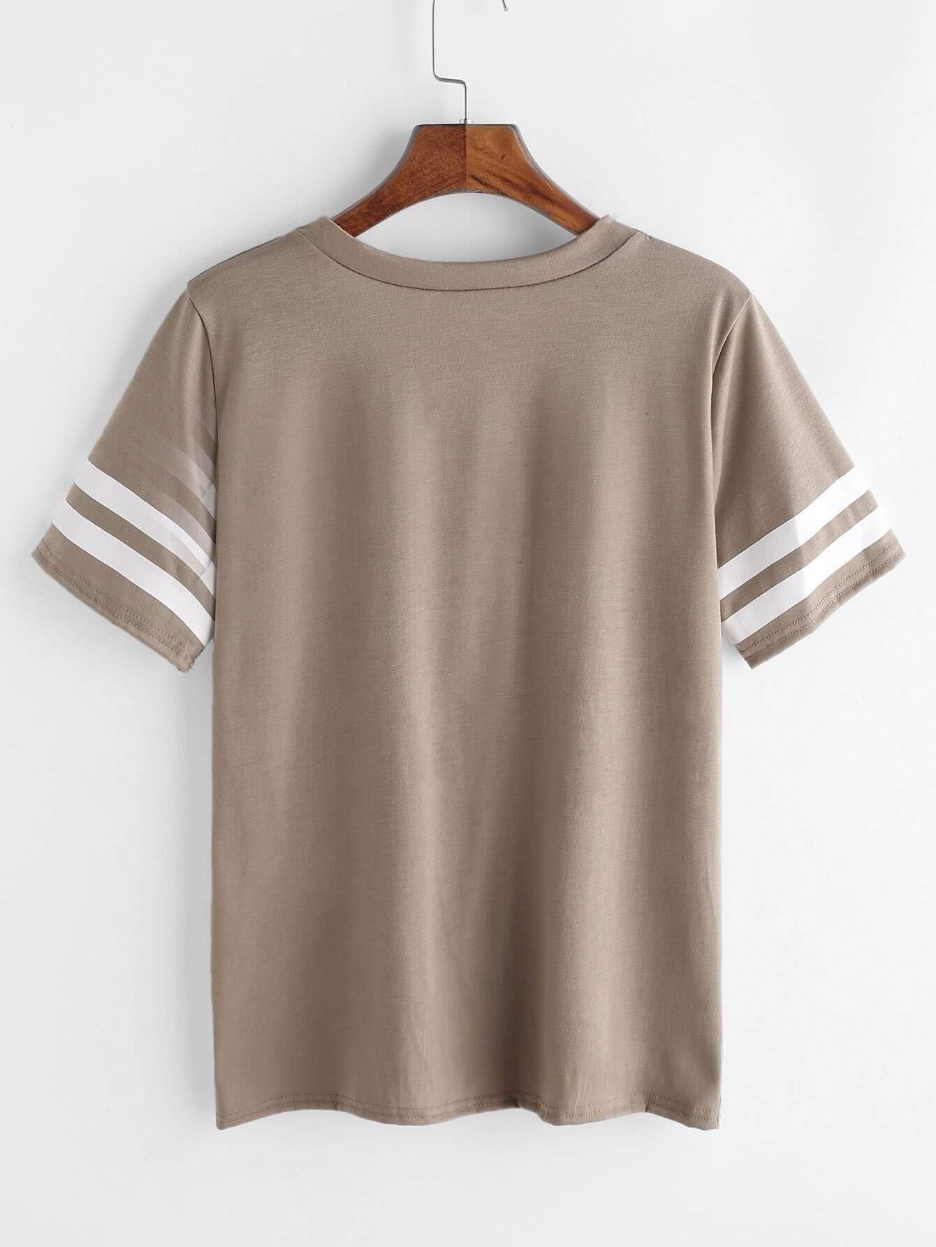 Khaki V Neck Lace Up Varsity Striped Tshirt SheIn(Sheinside)