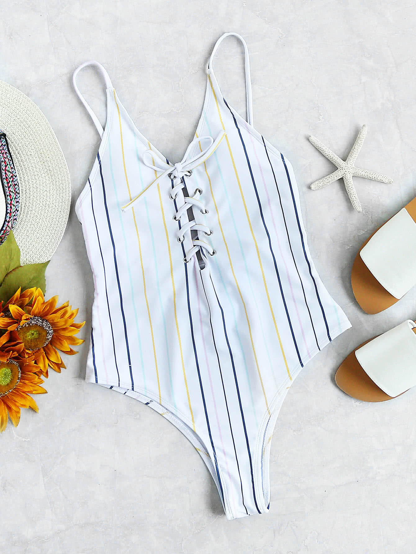 Striped Lace Up Cami Swimsuit SheIn(Sheinside)