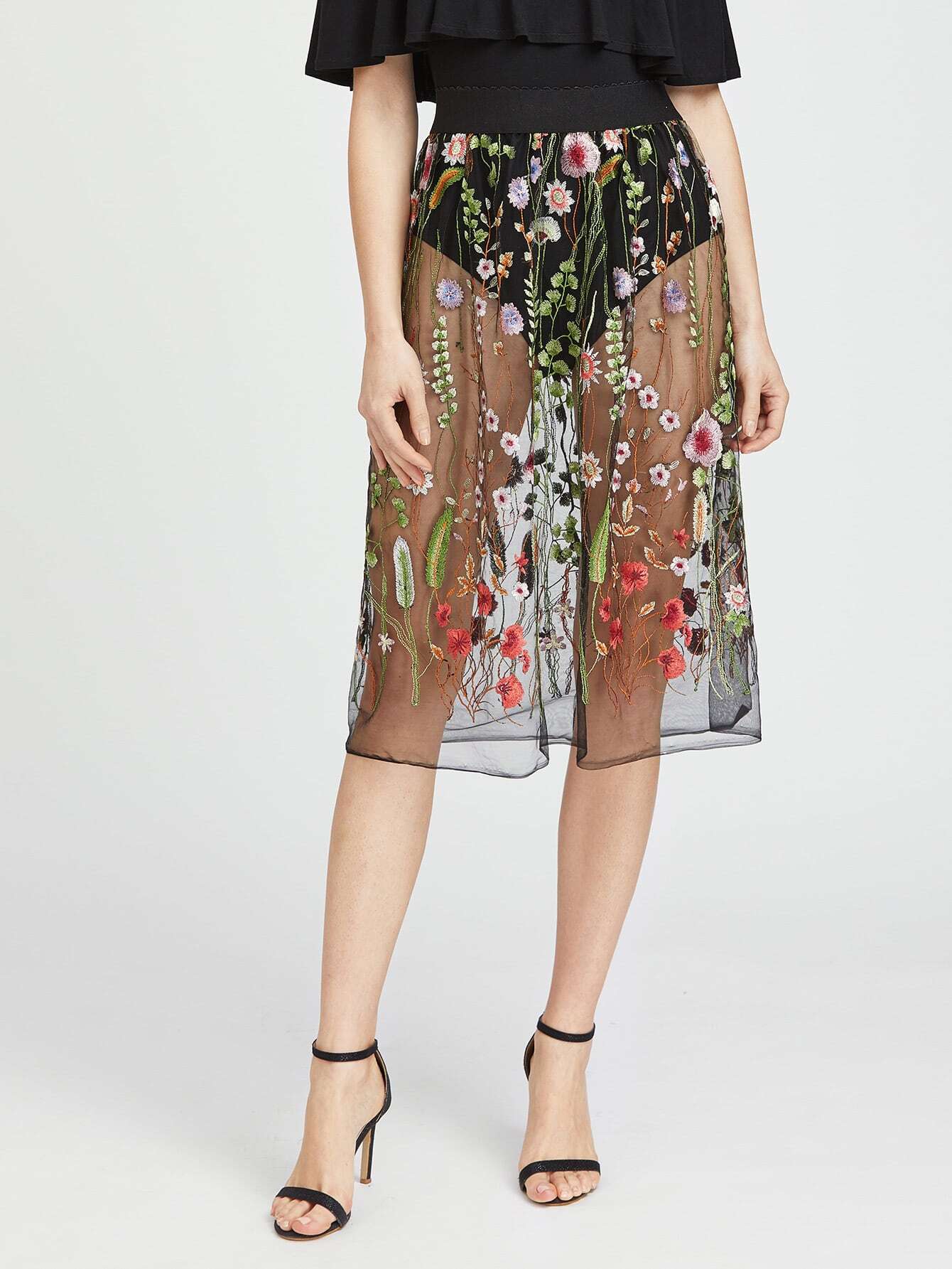 Embroidered Sheer Mesh Skirt SheIn(Sheinside)