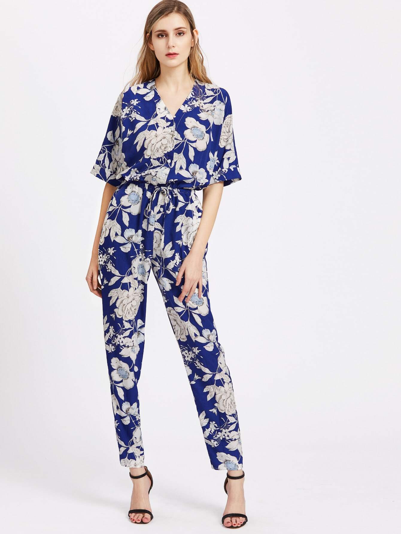Floral V Neck Drawstring Shirtwaist Jumpsuit SheIn(Sheinside)