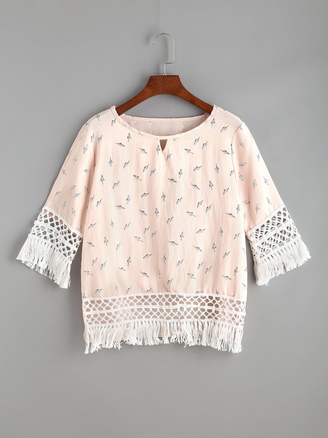 Floral Print Cut Out Front Fringe Trim Top SheIn(Sheinside)