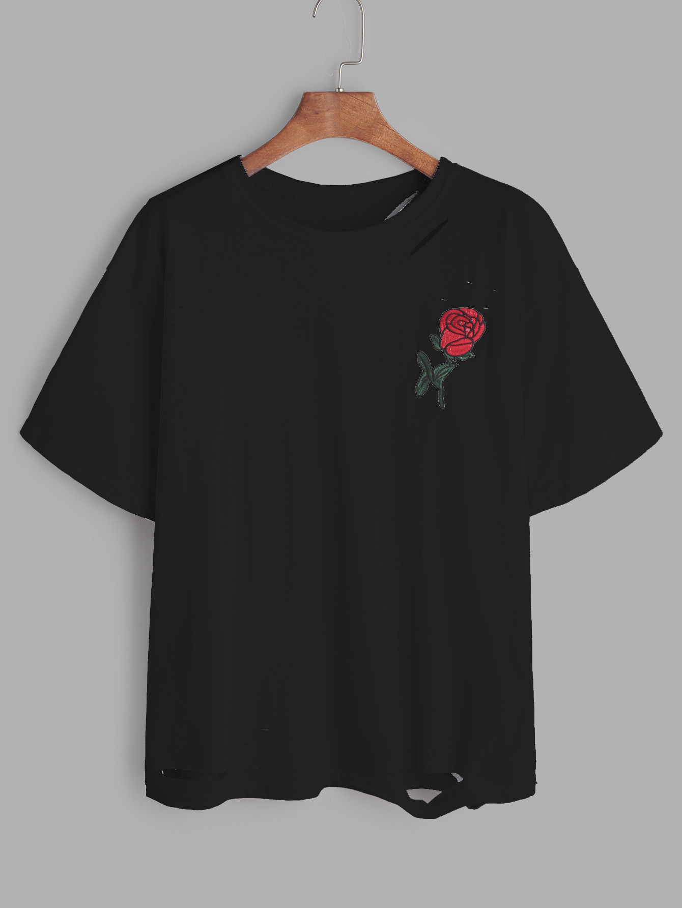 Rose embroidered ripped tshirt sheinsheinside