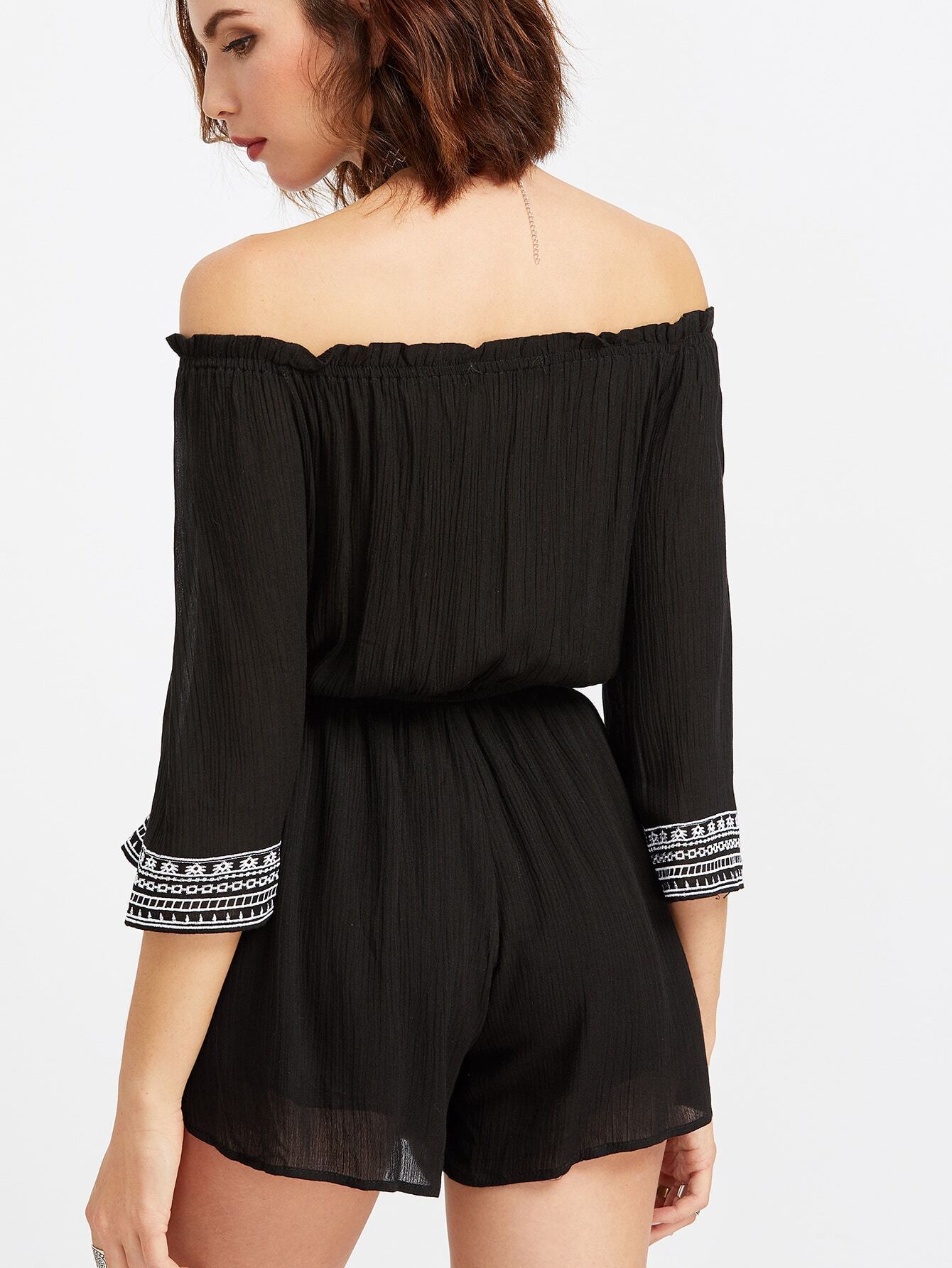 Black Embroidered Off The Shoulder Tassel Tie Romper SheIn(Sheinside)