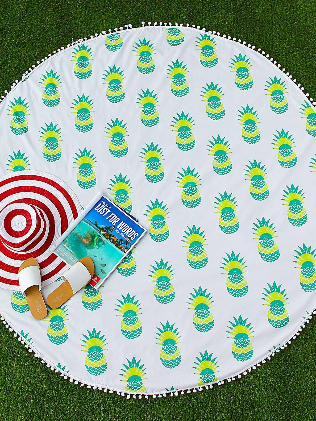 Green Pineapple Print Pom Pom Trim Round Beach Blanket SheIn(Sheinside)