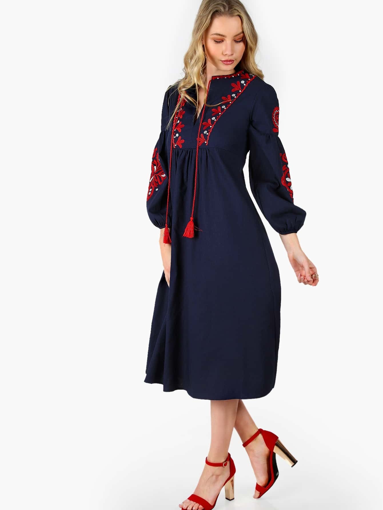 Navy Embroidered Tassel Tie Dress SheIn(Sheinside)