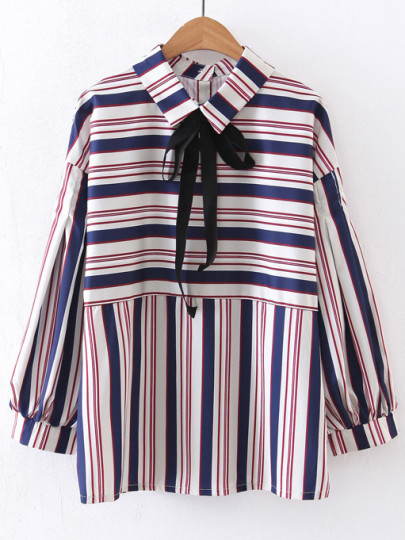 striped lantern sleeve blouse with bow tie shein sheinside striped lantern sleeve blouse with bow tie shein sheinside