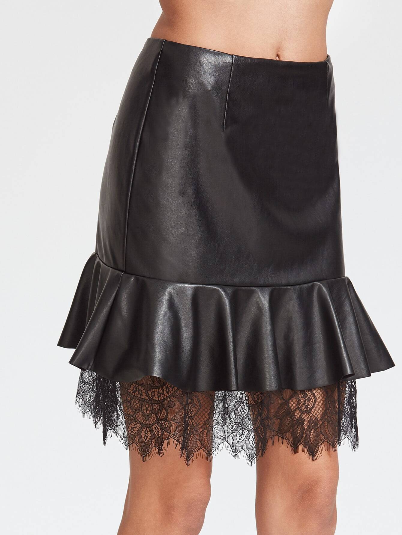 Black Coated Lace Trim Ruffle Skirt SheIn(Sheinside)